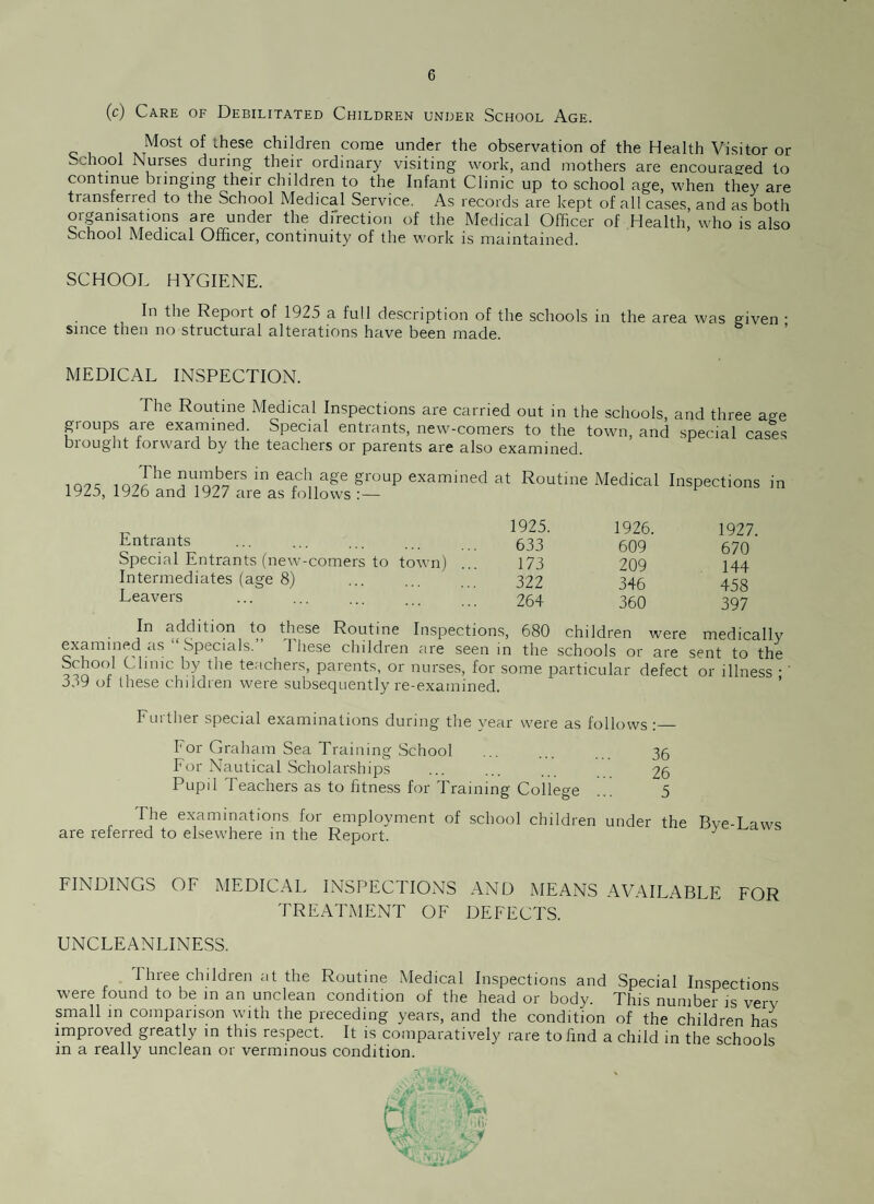 (c) Care of Debilitated Children under School Age. Most of these children come under the observation of the Health Visitor or School Nurses during their ordinary visiting work, and mothers are encouraged to continue bringing their children to the Infant Clinic up to school age, when they are transfeired to the School Medical Service. As records are kept of all cases, and as both organisations are under the direction of the Medical Officer of Health, who is also School Medical Officer, continuity of the work is maintained. SCHOOL HYGIENE. In the Report of 1925 a full description of the schools in the area was given since then no structural alterations have been made. MEDICAL INSPECTION. The Routine Medical Inspections are carried out in the schools, and three a<^e groups are examined. Special entrants, new-comers to the town, and special cases brought forward by the teachers or parents are also examined. iQ7s in,?6,” i±rS in 6afCl!1age gr°Up examined at Routine Medical Inspections in 1925, 1926 and 1927 are as follows :— Entrants Special Entrants (new-comers to town) Intermediates (age 8) Leavers 1925. 1926. 1927. 633 609 670 173 209 144 322 346 458 264 360 397 In addition to these Routine Inspections, 680 children were medically examined as 11 Specials. 1 liese children are seen in the schools or are sent to the 5J00.1 Chmc by the teachers, parents, or nurses, for some particular defect or illness ;' 559 of these children were subsequently re-examined. Further special examinations during the year were as follows :_ For Graham Sea Training School ... ... 35 For Nautical Scholarships ... . 26 Pupil Teachers as to fitness for Training College ... 5 The examinations, for employment of school children under the are referred to elsewhere in the Report. Bye-Laws FINDINGS OF MEDICAL INSPECTIONS AND MEANS AVAILABLE FOR TREATMENT OF DEFECTS. UNCLEANLINESS. Three children at the Routine Medical Inspections and Special Inspections were found to be in an unclean condition of the head or body. This number is very small in comparison with the preceding years, and the condition of the children has improved greatly in this respect. It is comparatively rare to find a child in the schools in a really unclean or verminous condition. ., Mi.