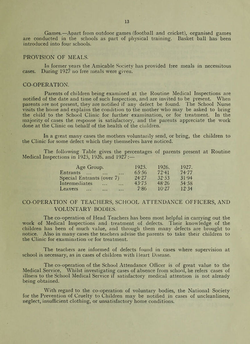 Games.—Apart from outdoor games (football and cricket), organised games are conducted in the schools as part of physical training. Basket ball has been introduced into four schools. PROVISION OF MEALS. In former years the Amicable Society has provided free meals in necessitous cases. During 1927 no free meals were given. CO-OPERATION. Parents of children being examined at the Routine Medical Inspections are notified of the date and time of such Inspection, and are invited to be present. When parents are not present, they are notified if any defect be found. The School Nurse visits the home and explains the condition to the mother who may be asked to bring the child to the School Clinic for further examination, or for treatment. In the majority of cases the response is satisfactory, and the parents appreciate the work done at the Clinic on behalf of the health of the children. In a great many cases the mothers voluntarily send, or bring, the children to the Clinic for some defect which they themselves have noticed. The following Table gives the percentages of parents present at Routine Medical Inspections in 1925, 1926. and 1927 :— Age Group. 1925. 1926. 1927. Entrants 6556 72-41 74-77 Special Entrants (over 7) 24-27 32-53 3L94 Intermediates 43-75 48-26 5458 Leavers 7-86 10-27 12-34 CO-OPERATION OF TEACHERS, SCHOOL ATTENDANCE OFFICERS, AND VOLUNTARY BODIES. The co-operation of Head Teachers has been most helpful in carrying out the work of Medical Inspections and treatment of defects. Their knowledge of the children has been of much value, and through them many defects are brought to notice. Also in many cases the teachers advise the parents to take their children to the Clinic for examination or for treatment. The teachers are informed of defects found in cases where supervision at school is necessary, as in cases of children with Heart Disease. The co-operation of the School Attendance Officer is of great value to the Medical Service, Whilst investigating cases of absence from school, he refers cases of illness to the School Medical Service if satisfactory medical attention is not already being obtained. With regard to the co-operation of voluntary bodies, the National Society for the Prevention of Cruelty to Children may be notified in cases of uncleanliness, neglect, insufficient clothing, or unsatisfactory home conditions.