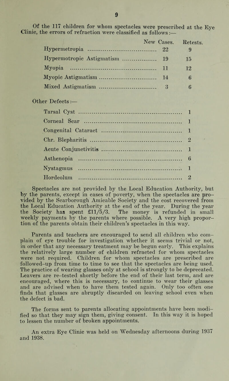 Of the 117 children for whom spectacles were prescribed at the Eye Clinic, the errors of refraction were classified as follows:— New Cases. Retests. Ilypermetropia . 22 9 Hypermotropic Astigmatism . 19 15 Myopia . 11 12 Myopic Astigmatism. 14 6 Mixed Astigmatism . 3 6 Other Defects:— Tarsal Cyst . 1 Corneal Scar . 1 Congenital Cataract . 1 Chr. Blepharitis . 2 Acute Conjunctivitis . 1 Asthenopia . 6 Nystagmus . 1 Hordeolum . 2 Spectacles are not provided by the Local Education Authority, but by the parents, except in cases of poverty, when the spectacles are pro¬ vided by the Scarborough Amicable Society and the cost recovered from the Local Education Authority at the end of the year. During the year the Society has spent £11/5/3. The money is refunded in small weekly payments by the parents where possible. A very high propor¬ tion of the parents obtain their children’s spectacles in this way. Parents and teachers are encouraged to send all children who com¬ plain of eye trouble for investigation whether it seems trivial or not, in order that any necessary treatment may be begun early. This explains the relatively large number of children refracted for whom spectacles were not required. Children for whom spectacles are prescribed are followed-up from time to time to see that the spectacles are being used. The practice of wearing glasses only at school is strongly to be deprecated. Leavers are re-tested shortly before the end of their last term, and are encouraged, where this is necessary, to continue to wear their glasses and are advised when to have them tested again. Only too often one finds that glasses are abruptly discarded on leaving school even when the defect is bad. The forms sent to parents allocating appointments have been modi¬ fied so that they may sign them, giving consent. In this way it is hoped to lessen the number of broken appointments. An extra Eye Clinic was held on Wednesday afternoons during 1937 and 1938.