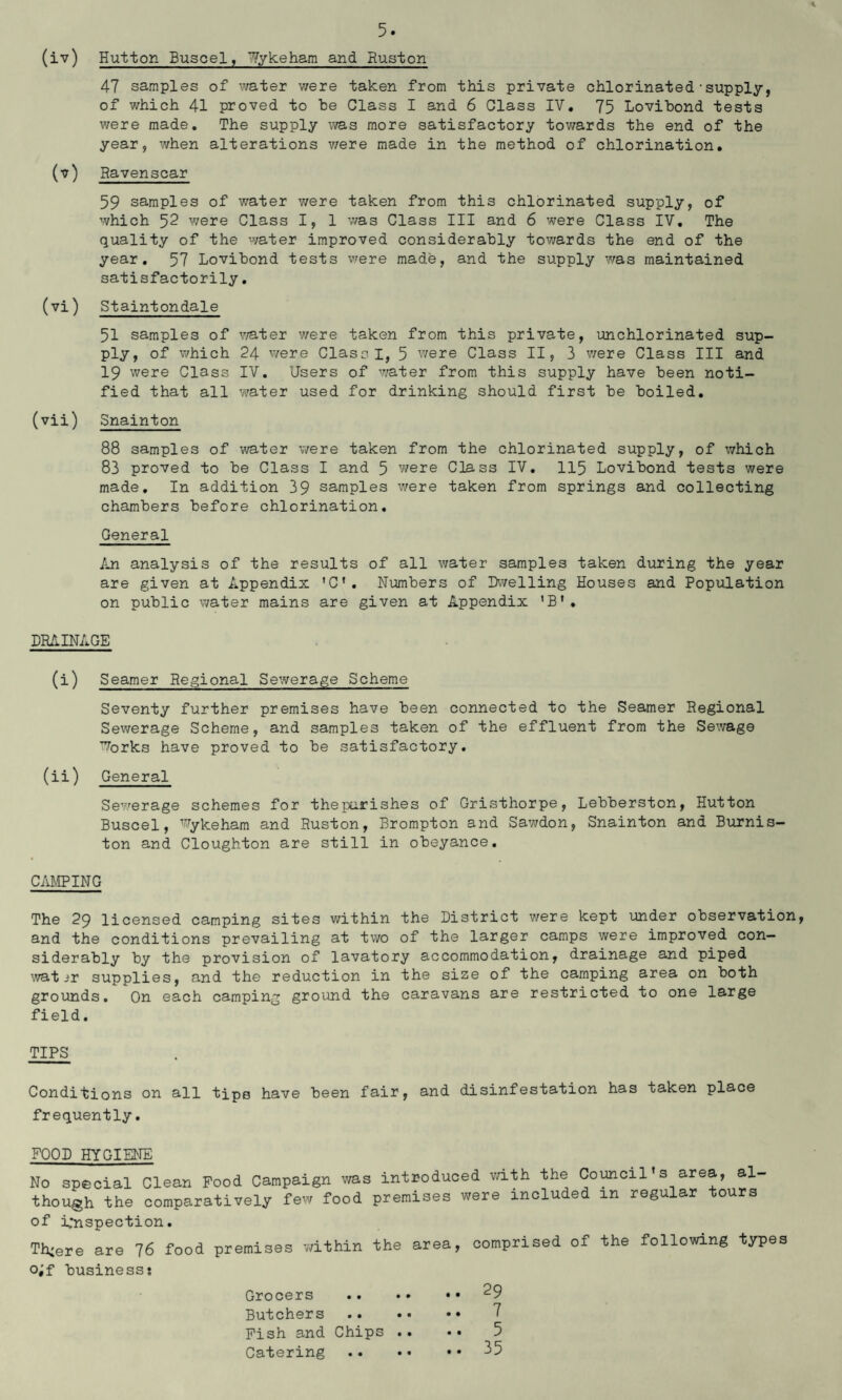 (iv) Hutton Buscel, Wykeham and Ruston 47 samples of water were taken from this private chlorinated•supply, of which 41 proved to be Class I and 6 Class IV. 75 Lovibond tests were made. The supply was more satisfactory towards the end of the year, when alterations were made in the method of chlorination. (v) Ravenscar 59 samples of water v/ere taken from this chlorinated supply, of which 52 were Class I, 1 was Class III and 6 were Class IV. The quality of the water improved considerably towards the end of the year. 57 Lovibond tests were made, and the supply was maintained satisfactorily. (vi) Staintondale 51 samples of water were taken from this private, unchlorinated sup¬ ply, of which 24 were Class I, 5 v/ere Class II, 3 were Class III and 19 were Class IV. Users of water from this supply have been noti¬ fied that all water used for drinking should first be boiled. (vii) Snainton 88 samples of water v/ere taken from the chlorinated supply, of which 83 proved to be Class I and 5 v/ere Class IV. 115 Lovibond tests were made. In addition 39 samples were taken from springs and collecting chambers before chlorination. General 7m analysis of the results of all water samples taken during the year are given at Appendix 'C'. Numbers of Dwelling Houses and Population on public water mains are given at Appendix ’B1. DRAINAGE (i) Seamer Regional Sewerage Scheme Seventy further premises have been connected to the Seamer Regional Sewerage Scheme, and samples taken of the effluent from the Sewage ’’forks have proved to be satisfactory. (ii) General Sewerage schemes for the parishes of Gristhorpe, Lebberston, Hutton Buscel, ’Tykeham and Ruston, Brompton and Sawdon, Snainton and Burnis- ton and Cloughton are still in obeyance. CAMPING The 29 licensed camping sites within the District v/ere kept under observation, and the conditions prevailing at two of the larger camps were improved con¬ siderably by the provision of lavatory accommodation, drainage and piped watir supplies, and the reduction in the size of the camping area on both grounds. On each camping ground the caravans are restricted to one large field. TIPS Conditions on all tips have been fair, and disinfestation has taken place frequently. FOOD HYGIENE No special Clean Food Campaign v/as though the comparatively few food of inspection. introduced with the Council*s area, al— premises were included in regular tours Th;ere are 76 food premises within the area, comprised of the following types o;f business? Grocers Butchers .. Fish and Chips Catering .. • • • • 29 7 5 35 • • • •