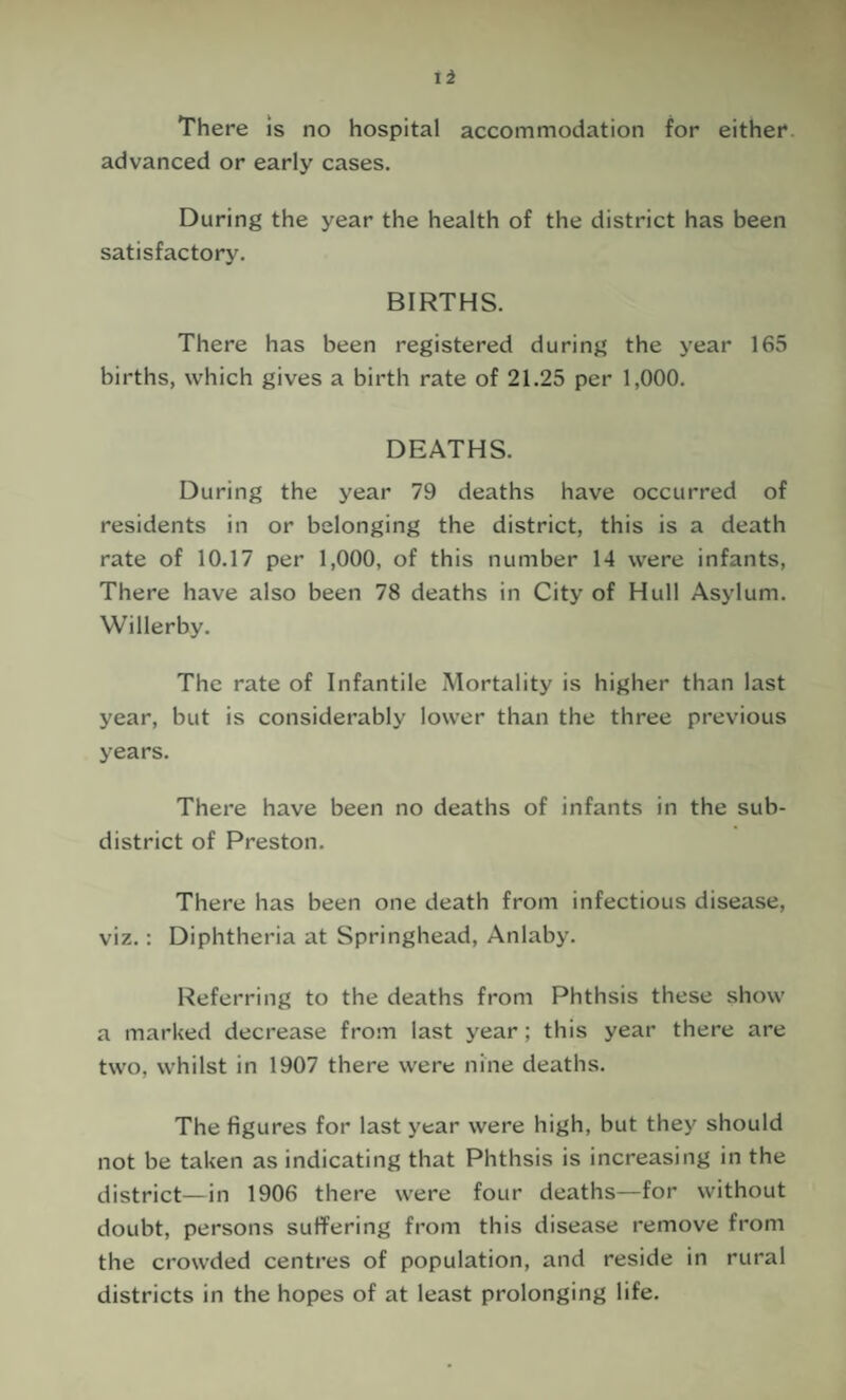 There is no hospital accommodation for either, advanced or early cases. During the year the health of the district has been satisfactory. BIRTHS. There has been registered during the year 165 births, which gives a birth rate of 21.25 per 1,000. DEATHS. During the year 79 deaths have occurred of residents in or belonging the district, this is a death rate of 10.17 per 1,000, of this number 14 were infants. There have also been 78 deaths in City of Hull Asylum. Willerby. The rate of Infantile Mortality is higher than last year, but is considerably lower than the three previous years. There have been no deaths of infants in the sub¬ district of Preston. There has been one death from infectious disease, viz.: Diphtheria at Springhead, Anlaby. Referring to the deaths from Phthsis these show a marked decrease from last year; this year there are two, whilst in 1907 there were nine deaths. The figures for last year were high, but they should not be taken as indicating that Phthsis is increasing in the district—in 1906 there were four deaths—for without doubt, persons suffering from this disease remove from the crowded centres of population, and reside in rural districts in the hopes of at least prolonging life.