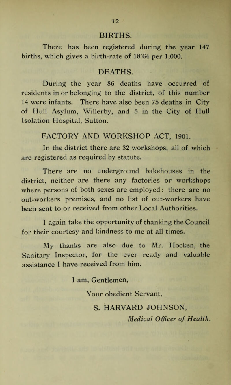 BIRTHS. There has been registered during the year 147 births, which gives a birth-rate of 18'64 per 1,000. DEATHS. During the year 86 deaths have occurred of residents in or belonging to the district, of this number 14 were infants. There have also been 75 deaths in City of Hull Asylum, Willerby, and 5 in the City of Hull Isolation Hospital, Sutton. FACTORY AND WORKSHOP ACT, 1901. In the district there are 32 workshops, all of which are registered as required by statute. There are no underground bakehouses in the district, neither are there any factories or workshops where persons of both sexes are employed: there are no out-workers premises, and no list of out-workers have been sent to or received from other Local Authorities. I again take the opportunity of thanking the Council for their courtesy and kindness to me at all times. My thanks are also due to Mr. Hocken, the Sanitary Inspector, for the ever ready and valuable assistance I have received from him. I am, Gentlemen, Your obedient Servant, S. HARVARD JOHNSON, Medical Officer of Health.
