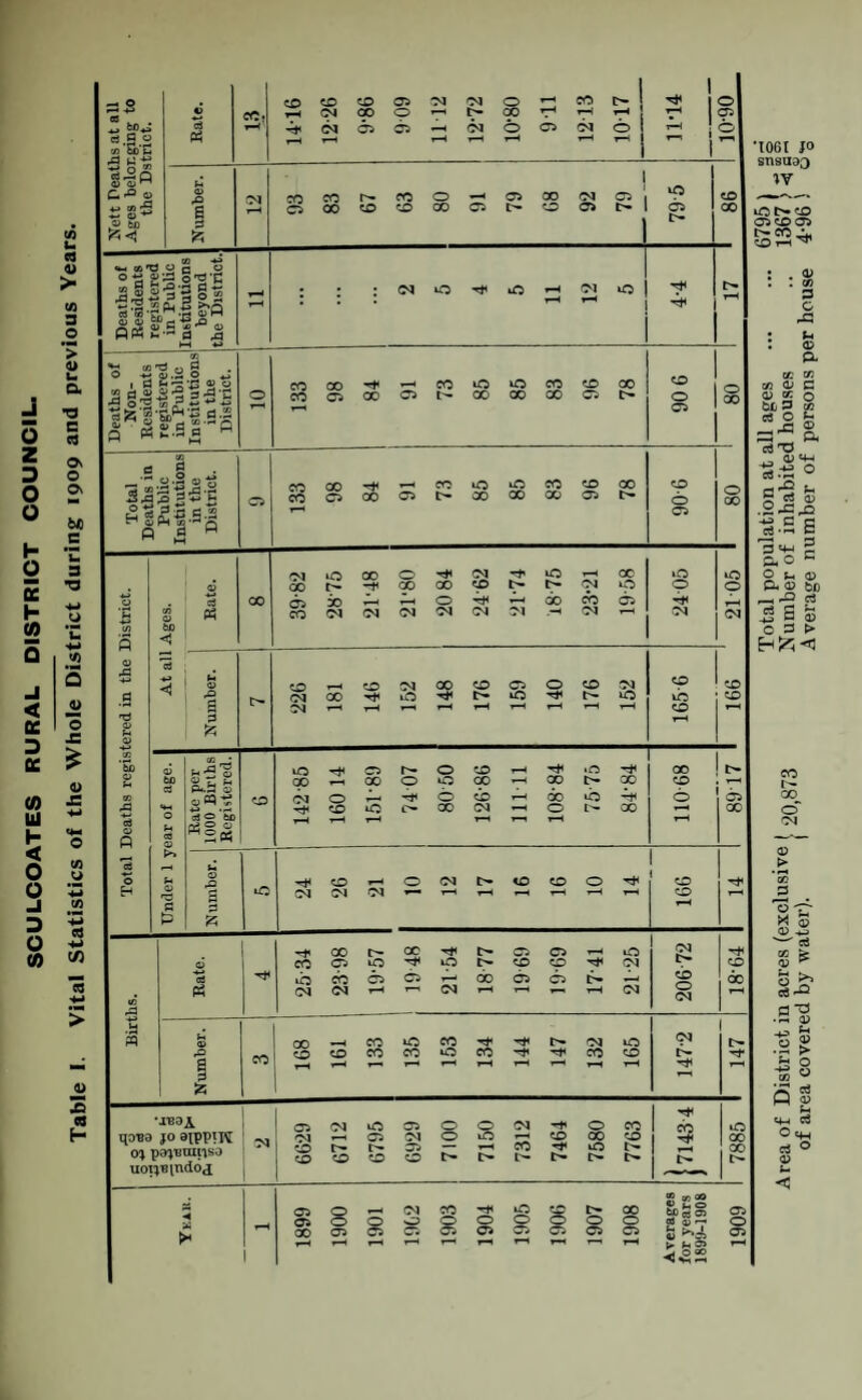 SCULCOATES RURAL DISTRICT COUNCIL. Table I. Vital Statistics of the Whole District during 1909 and previous Years.