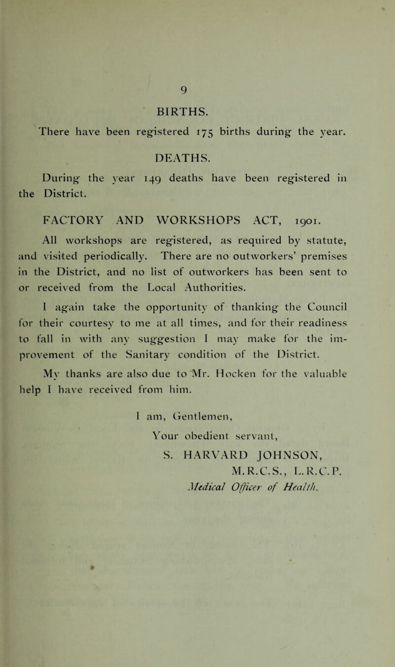 BIRTHS. There have been registered 175 births during the year. DEATHS. During the year 149 deaths have been registered in the District. FACTORY AND WORKSHOPS ACT, 1901. All workshops are registered, as required by statute, and visited periodically. There are no outworkers’ premises in the District, and no list of outworkers has been sent to or received from the Local Authorities. I again take the opportunity of thanking the Council for their courtesy to me at all times, and for their readiness to fall in with any suggestion I may make for the im¬ provement of the Sanitary condition of the District. My thanks are also due to Mr. Hocken for the valuable help I have received from him. I am, Gentlemen, Your obedient servant, S. HARVARD JOHNSON, M.R.C.S., L.R.C.P. Medical Officer of Health.