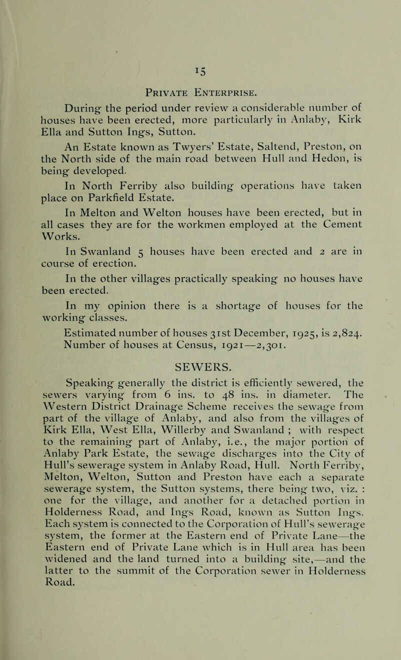 Private Enterprise. During' the period under review a considerable number of houses have been erected, more particularly in Anlaby, Kirk Ella and Sutton Ings, Sutton. An Estate known as Twyers’ Estate, Saltend, Preston, on the North side of the main road between Hull and Hedon, is being developed. In North Ferriby also building operations have taken place on Parkfield Estate. In Melton and Welton houses have been erected, but in all cases they are for the workmen employed at the Cement Works. In Swanland 5 houses have been erected and 2 are in course of erection. In the other villages practically speaking no houses have been erected. In my opinion there is a shortage of houses for the working classes. Estimated number of houses 31st December, 1925, is 2,824. Number of houses at Census, 1921—2,301. SEWERS. Speaking generally the district is efficientl}' sewered, the sewers varying from 6 ins. to 48 ins. in diameter. The Western District Drainage Scheme receives the sewage from part of the village of Anlab}, and also from the villages of Kirk Ella, West Ella, Willerby and Swanland ; with respect to the remaining part of Anlaby, i.e., the major portion of Anlaby Park Estate, the sewage discharges iiito the City of Hull’s sewerage system in Anlaby Road, Hull. North Ferriby, Melton, Welton, Sutton and Preston have each a separate sewerage system, the Sutton systems, there being two, viz. ; one for the village, and another for a detached portion in Holderness Road, and Ings Road, known as Sutton lugs. Each system is connected to the Corporation of Hull’s sewerage system, the former at the Eastern end of Private Lane—the Eastern end of Private Lane which is in Hull area has been widened and the land turned into a building site,—and the latter to the summit of the Corporation sewer in Holderness Road.