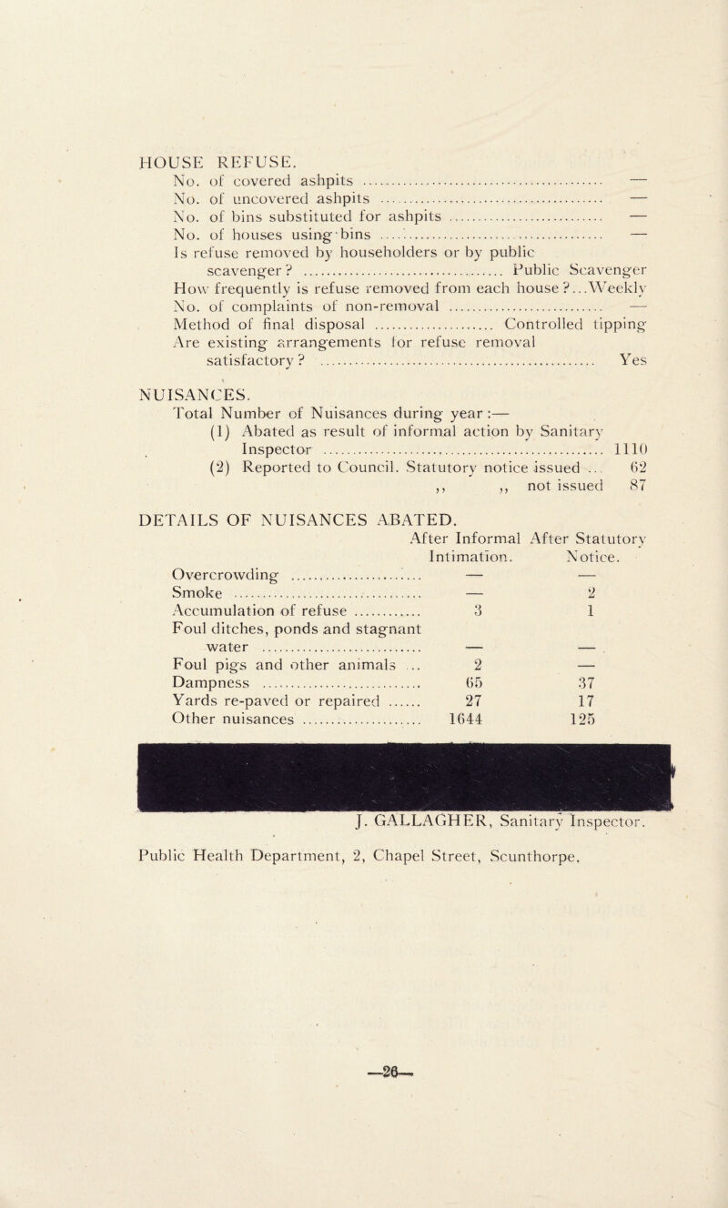 HOUSE REFUSE. No. of covered ashpits . — No. of uncovered ashpits . — No. of bins substituted for ashpits . — No. of houses using bins —. — Is refuse removed by householders or by public scavenger? .. Public Scavenger How frequently is refuse removed from each house ?...Weekly No. of complaints of non-removal . — Method of final disposal . Controlled tipping Are existing arrangements for refuse removal satisfactory? . Yes NUISANCES. Total Number of Nuisances during year :— (1) Abated as result of informal action by Sanitary Inspector . 1110 (2) Reported to Council. Statutory notice issued .. 62 ,, ,, not issued 87 DETAILS OF NUISANCES ABATED. After Informal After Statutory Intimation. Notice. Overcrowding .. — — Smoke ... — 2 Accumulation of refuse . 3 1 Foul ditches, ponds and stagnant water . Foul pigs and other animals ... 2 — Dampness . 65 37 Yards re-paved or repaired . 27 17 Other nuisances ... 1644 125 Public Health Department, 2, Chapel Street, Scunthorpe. —