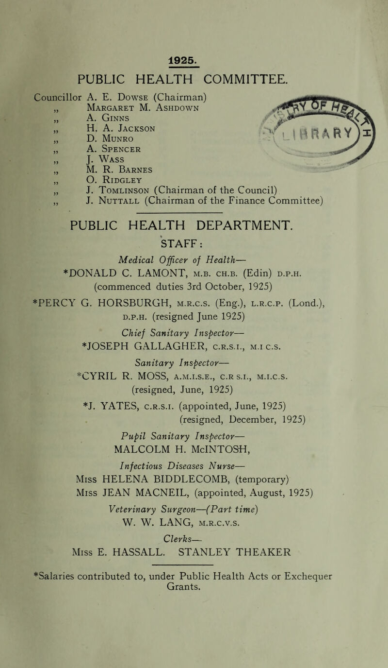 1925. PUBLIC HEALTH COMMITTEE. Councillor A. E. Dowse (Chairman) „ Margaret M. Ashdown „ A. Ginns „ H. A. Jackson „ D. Munro „ A. Spencer „ J. Wass „ M. R. Barnes „ O. Ridgley „ J. Tomlinson (Chairman of the Council) ,, J. Nuttall (Chairman of the Finance Committee) PUBLIC HEALTH DEPARTMENT. STAFF: Medical Officer of Health— ♦DONALD C. LAMONT, m.b. ch.b. (Edin) d.p.h. (commenced duties 3rd October, 1925) ♦PERCY G. HORSBURGH, m.r.c.s. (Eng.), l.r.c.p. (Lond.), d.p.h. (resigned June 1925) Chief Sanitary Inspector— ♦JOSEPH GALLAGHER, c.r.s.i., m.i c.s. Sanitary Inspector— ♦CYRIL R. MOSS, a.m.i.s.e., c.r s.i., m.i.c.s. (resigned, June, 1925) ♦J. YATES, c.r.s.i. (appointed, June, 1925) (resigned, December, 1925) Pupil Sanitary Inspector— MALCOLM H. McINTOSH, Infectious Diseases Nurse— Miss HELENA BIDDLECOMB, (temporary) Miss JEAN MACNEIL, (appointed, August, 1925) Veterinary Surgeon—(Part time) W. W. LANG, m.r.c.v.s. Clerks— Miss E. HASSALL. STANLEY THEAKER ♦Salaries contributed to, under Public Health Acts or Exchequer Grants.