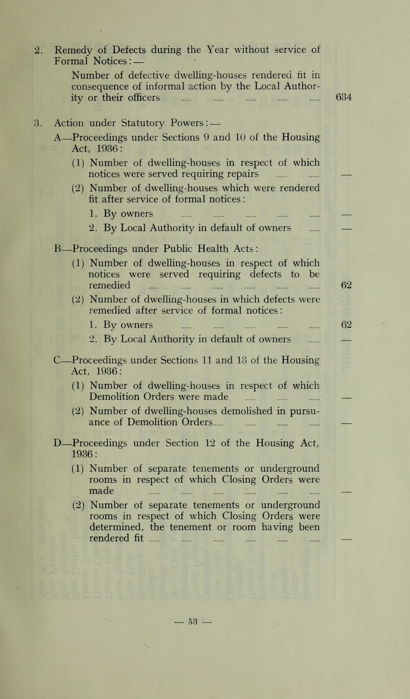 2. Remedy of Defects during the Year without service of Formal Notices: — Number of defective dwelling-houses rendered fit in consequence of informal action by the Local Author¬ ity or their officers . 634 3. Action under Statutory Powers: — A—Proceedings under Sections 9 and 10 of the Housing Act, 1936: (1) Number of dwelling-houses in respect of which notices were served requiring repairs . — (2) Number of dwelling-houses which were rendered fit after service of formal notices : 1. By owners . — 2. By Local Authority in default of owners . — B—Proceedings under Public Health Acts: (1) Number of dwelling-houses in respect of which notices were served requiring defects to be remedied . 62 (2) Number of dwelling-houses in which defects were remedied after service of formal notices: 1. By owners . 62 2. By Local Authority in default of owners C—Proceedings under Sections 11 and 13 of the Housing Act, 1936: (1) Number of dwelling-houses in respect of which Demolition Orders were made . (2) Number of dwelling-houses demolished in pursu¬ ance of Demolition Orders. D—Proceedings under Section 12 of the Housing Act, 1936: (1) Number of separate tenements or underground rooms in respect of which Closing Orders were made . (2) Number of separate tenements or underground rooms in respect of which Closing Orders were determined, the tenement or room having been rendered fit .