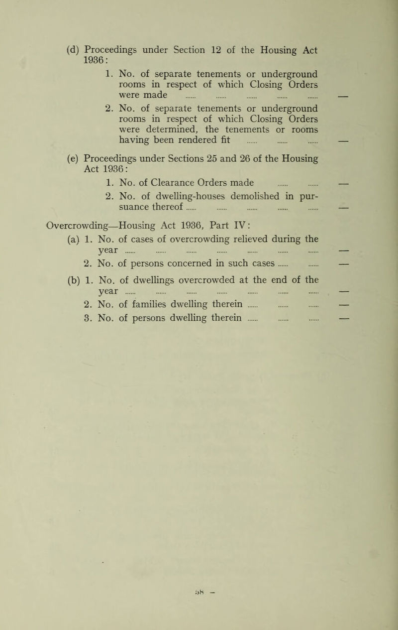 (d) Proceedings under Section 12 of the Housing Act 1936: 1. No. of separate tenements or underground rooms in respect of which Closing Orders were made . 2. No. of separate tenements or underground rooms in respect of which Closing Orders were determined, the tenements or rooms having been rendered fit . (e) Proceedings under Sections 25 and 26 of the Housing Act 1936: 1. No. of Clearance Orders made . 2. No. of dwelling-houses demolished in pur¬ suance thereof . Overcrowding—Housing Act 1936, Part IV: (a) 1. No. of cases of overcrowding relieved during the year . 2. No. of persons concerned in such cases. (b) 1. No. of dwellings overcrowded at the end of the year . 2. No. of families dwelling therein . 3. No. of persons dwelling therein .