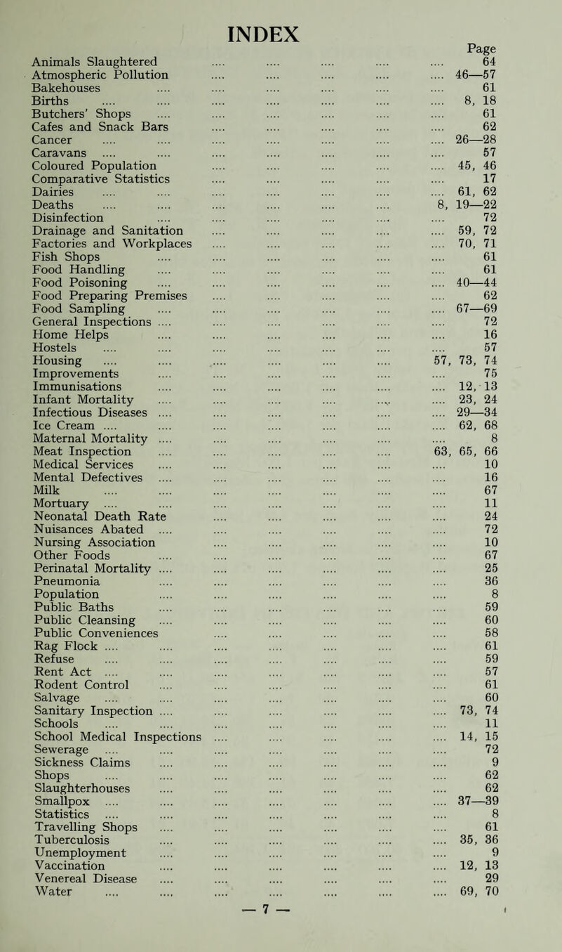 INDEX Animals Slaughtered Atmospheric Pollution Bakehouses Births Butchers’ Shops Cafes and Snack Bars Cancer Caravans Coloured Population Comparative Statistics Dairies Deaths Disinfection Drainage and Sanitation Factories and Workplaces Fish Shops Food Handling Food Poisoning Food Preparing Premises Food Sampling General Inspections .... Home Helps Hostels Housing Improvements Immunisations Infant Mortality Infectious Diseases .... Ice Cream .... Maternal Mortality .... Meat Inspection Medical Services Mental Defectives Milk Mortuary Neonatal Death Rate Nuisances Abated Nursing Association Other Foods Perinatal Mortality .... Pneumonia Population Public Baths Public Cleansing Public Conveniences Rag Flock .... Refuse Rent Act .... Rodent Control Salvage Sanitary Inspection .... Schools School Medical Inspections Sewerage Sickness Claims Shops Slaughterhouses Smallpox Statistics Travelling Shops Tuberculosis Unemployment Vaccination Venereal Disease Water Page 64 .... 46—57 61 .... 8, 18 61 62 .... 26—28 57 .... 45, 46 17 .... 61, 62 8, 19—22 72 .... 59, 72 .... 70, 71 61 61 .... 40—44 62 .... 67—69 72 16 57 57, 73, 74 75 .... 12, 13 .... 23, 24 .... 29—34 .... 62, 68 8 63, 65, 66 10 16 67 11 24 72 10 67 25 36 8 59 60 58 61 59 57 61 60 .... 73, 74 11 .... 14, 15 72 9 62 62 .... 37—39 8 61 .... 35, 36 9 .... 12, 13 29 .... 69, 70