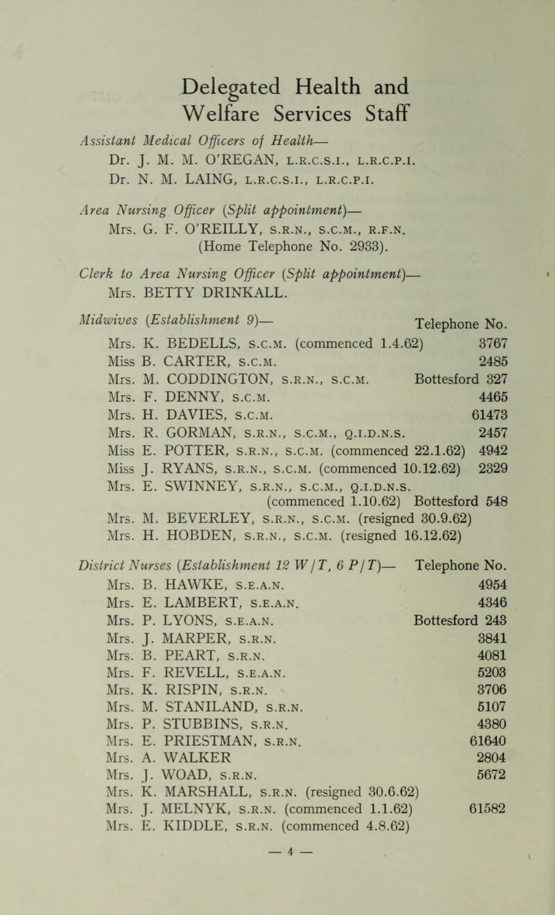 Delegated Health and Welfare Services Staff Assistant Medical Officers of Health— Dr. J. M. M. O’REGAN, l.r.c.s.i., l.r.c.p.i. Dr. N. M. LAING, l.r.c.s.i., l.r.c.p.i. Area Nursing Officer {Split appointment)— Mrs. G. F. O’REILLY, s.r.n., s.c.m., r.f.n. (Home Telephone No. 2933). Clerk to Area Nursing Officer {Split appointment)— Mrs. BETTY DRINKALL. Midwives {Establishment 9)— Telephone No. Mrs. K. BEDELLS, s.c.m. (commenced 1.4.62) 3767 Miss B. CARTER, s.c.m. 2485 Mrs. M. CODDINGTON, s.r.n., s.c.m. Bottesford 327 Mrs. F. DENNY, s.c.m. 4465 Mrs. H. DAVIES, s.c.m. 61473 Mrs. R. GORMAN, s.r.n., s.c.m., q.i.d.n.s. 2457 Miss E. POTTER, s.r.n., s.c.m. (commenced 22.1.62) 4942 Miss J. RYANS, s.r.n., s.c.m. (commenced 10.12.62) 2329 Mrs. E. SWINNEY, s.r.n., s.c.m., q.i.d.n.s. (commenced 1.10.62) Bottesford 548 Mrs. M. BEVERLEY, s.r.n., s.c.m. (resigned 30.9.62) Mrs. H. HOBDEN, s.r.n., s.c.m. (resigned 16.12.62) District Nurses {Establishment 12 W jT, 6 P/T)— Telephone No. Mrs. B. HAWKE, s.e.a.n. 4954 Mrs. E. LAMBERT, s.e.a.n. 4346 Mrs. P. LYONS, s.e.a.n. Bottesford 243 Mrs. J. MARPER, s.r.n. 3841 Mrs. B. PEART, s.r.n. 4081 Mrs. F. REVELL, s.e.a.n. 5203 Mrs. K. RISPIN, s.r.n. 3706 Mrs. M. STANILAND, s.r.n. 5107 Mrs. P. STUBBINS, s.r.n. 4380 Mrs. E. PRIESTMAN, s.r.n. 61640 Mrs. A. WALKER 2804 Mrs. J. WOAD, s.r.n. 5672 Mrs. K. MARSHALL, s.r.n. (resigned 30.6.62) Mrs. J. MELNYK, s.r.n. (commenced 1.1.62) 61582 Mrs. E. KIDDLE, s.r.n. (commenced 4.8.62)