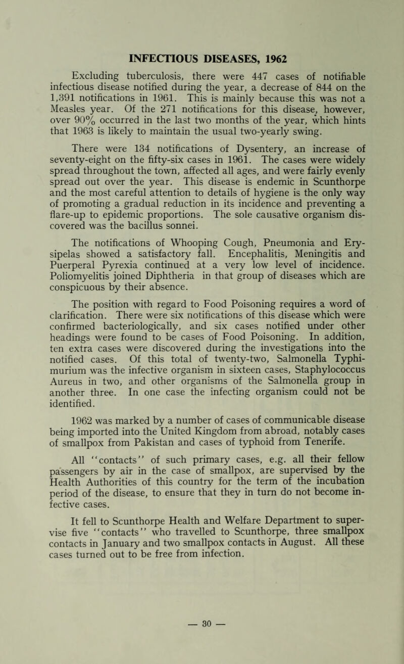 INFECTIOUS DISEASES, 1962 Excluding tuberculosis, there were 447 cases of notifiable infectious disease notified during the year, a decrease of 844 on the 1,891 notifications in 1961. This is mainly because this was not a Measles year. Of the 271 notifications for this disease, however, over 90% occurred in the last two months of the year, which hints that 1963 is likely to maintain the usual two-yearly swing. There were 134 notifications of Dysentery, an increase of seventy-eight on the fifty-six cases in 1961. The cases were widely spread throughout the town, affected all ages, and were fairly evenly spread out over the year. This disease is endemic in Scunthorpe and the most careful attention to details of hygiene is the only way of promoting a gradual reduction in its incidence and preventing a flare-up to epidemic proportions. The sole causative organism dis¬ covered was the bacillus sonnei. The notifications of Whooping Cough, Pneumonia and Ery¬ sipelas showed a satisfactory fall. Encephalitis, Meningitis and Puerperal Pyrexia continued at a very low level of incidence. Poliomyelitis joined Diphtheria in that group of diseases which are conspicuous by their absence. The position with regard to Food Poisoning requires a word of clarification. There were six notifications of this disease which were confirmed bacteriologically, and six cases notified under other headings were found to be cases of Food Poisoning. In addition, ten extra cases were discovered during the investigations into the notified cases. Of this total of twenty-two. Salmonella Typhi- murium was the infective organism in sixteen cases. Staphylococcus Aureus in two, and other organisms of the Salmonella group in another three. In one case the infecting organism could not be identified. 1962 was marked by a number of cases of communicable disease being imported into the United Kingdom from abroad, notably cases of smallpox from Pakistan and cases of typhoid from Tenerife. All “contacts” of such primary cases, e.g. all their fellow passengers by air in the case of smallpox, are supervised by the Health Authorities of this country for the term of the incubation period of the disease, to ensure that they in turn do not become in¬ fective cases. It fell to Scunthorpe Health and Welfare Department to super¬ vise five “contacts” who travelled to Scunthorpe, three smallpox contacts in January and two smallpox contacts in August. All these cases turned out to be free from infection.