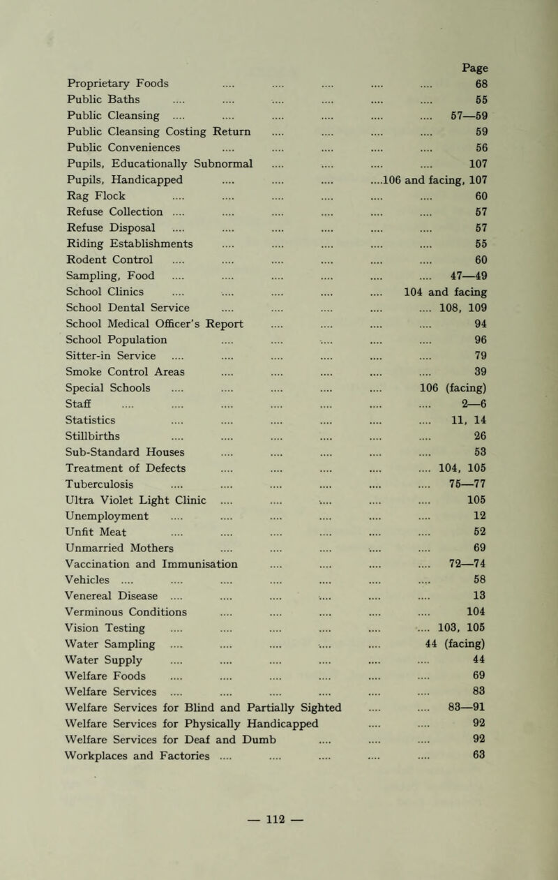 Proprietary Foods Page 68 Public Baths .... 65 Public Cleansing .... .... 57—59 Public Cleansing Costing Return 59 Public Conveniences 56 Pupils, Educationally Subnormal 107 Pupils, Handicapped ....106 and facing, 107 Rag Flock 60 Refuse Collection .... 67 Refuse Disposal 67 Riding Establishments 55 Rodent Control 60 Sampling, Food .... .... 47—49 School Clinics 104 and facing School Dental Service .... 108, 109 School Medical Officer’s Report 94 School Population 96 Sitter-in Service 79 Smoke Control Areas 39 Special Schools 106 (facing) Staff .... 2—6 Statistics .... 11, 14 Stillbirths 26 Sub-Standard Houses 53 Treatment of Defects .... 104, 105 Tuberculosis .... .... 76—77 Ultra Violet Light Clinic 105 Unemployment .... 12 Unfit Meat .... 52 Unmarried Mothers 69 Vaccination and Immunisation .... .... 72—74 Vehicles .... 58 Venereal Disease .... .... 13 Verminous Conditions 104 Vision Testing .... 103, 105 Water Sampling 44 (facing) Water Supply .... 44 Welfare Foods 69 Welfare Services .... 83 Welfare Services for Blind and Partially Sighted .... 83—91 Welfare Services for Physically Handicapped 92 Welfare Services for Deaf and Dumb 92 Workplaces and Factories .... 63