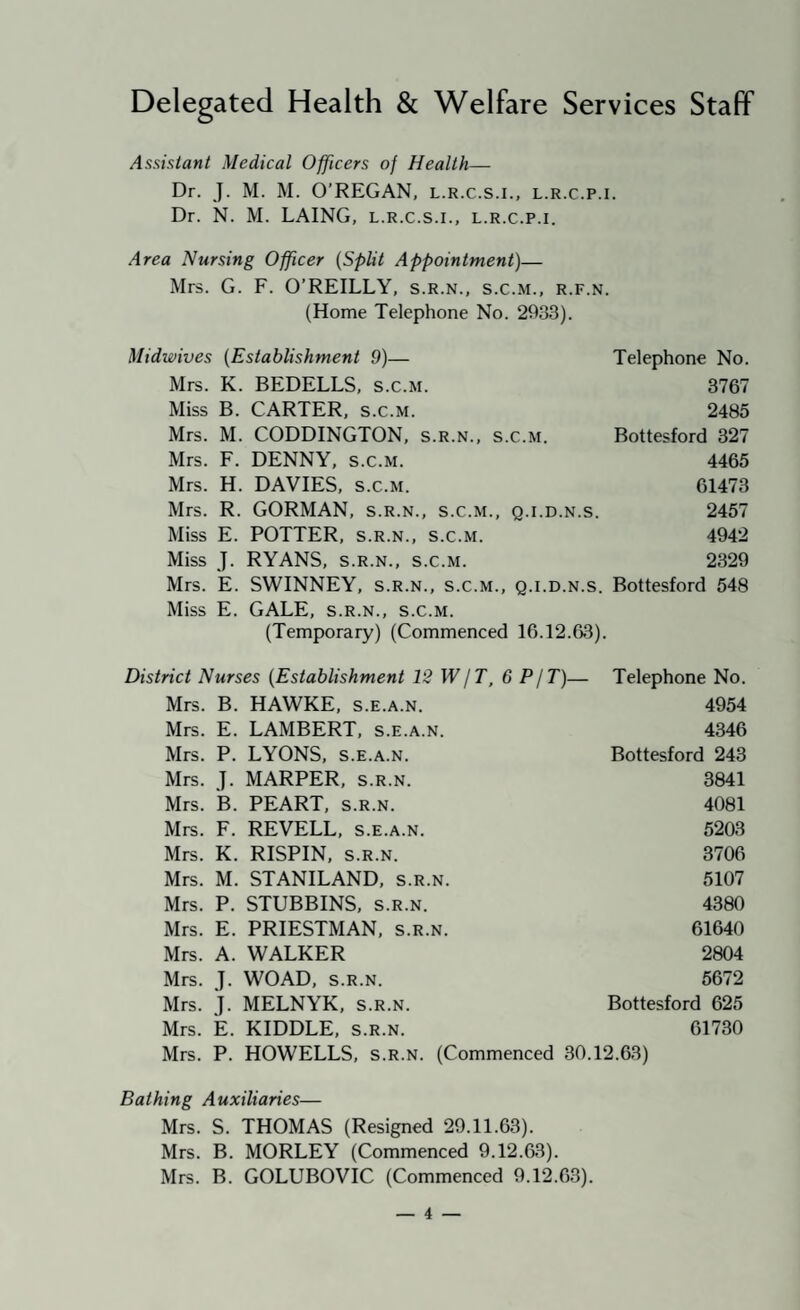Delegated Health & Welfare Services Staff Assistant Medical Officers of Health— Dr. J. M. M. O’REGAN, l.r.c.s.i., l.r.c.p.i. Dr. N. M. LAING, l.r.c.s.i., l.r.c.p.i. Area Nursing Officer {Split Appointment)— Mrs. G. F. O’REILLY, s.r.n., s.c.m., r.f.n. (Home Telephone No. 2933). Midwives [Establishment 9)— Telephone No. Mrs. K. BEDELLS, s.c.m. 3767 Miss B. CARTER, s.c.m. 2485 Mrs. M. CODDINGTON, s.r.n., s.c.m. Bottesford 327 Mrs. F. DENNY, s.c.m. 4465 Mrs. H. DAVIES, s.c.m. 61473 Mrs. R. GORMAN, s.r.n., s.c.m., q.i.d.n.s. 2457 Miss E. POTTER, s.r.n., s.c.m. 4942 Miss J. RYANS, s.r.n., s.c.m. 2329 Mrs. E. SWINNEY, s.r.n., s.c.m., q.i.d.n.s. Bottesford 548 Miss E. GALE, s.r.n., s.c.m. (Temporary) (Commenced 16.12.63). District Nurses [Establishment 12 W jT, 6 P/T)— Telephone No. Mrs. B. HAWKE, s.e.a.n. 4954 Mrs. E. LAMBERT, s.e.a.n. 4346 Mrs. P. LYONS, s.e.a.n. Bottesford 243 Mrs. J. MARPER, s.r.n. 3841 Mrs. B. PEART, s.r.n. 4081 Mrs. F. REVELL, s.e.a.n. 5203 Mrs. K. RISPIN, s.r.n. 3706 Mrs. M. STANILAND, s.r.n. 5107 Mrs. P. STUBBINS, s.r.n. 4380 Mrs. E. PRIESTMAN, s.r.n. 61640 Mrs. A. WALKER 2804 Mrs. Mrs. Mrs. Mrs. J. WOAD, S.R.N. J. MELNYK, S.R.N. E. KIDDLE, S.R.N. 5672 Bottesford 625 61730 P. HOWELLS, S.R.N. (Commenced 30.12.63) Bathing Auxiliaries— Mrs. S. THOMAS (Resigned 29.11.63). Mrs. B. MORLEY (Commenced 9.12.63). Mrs. B. GOLUBOVIC (Commenced 9.12.63).