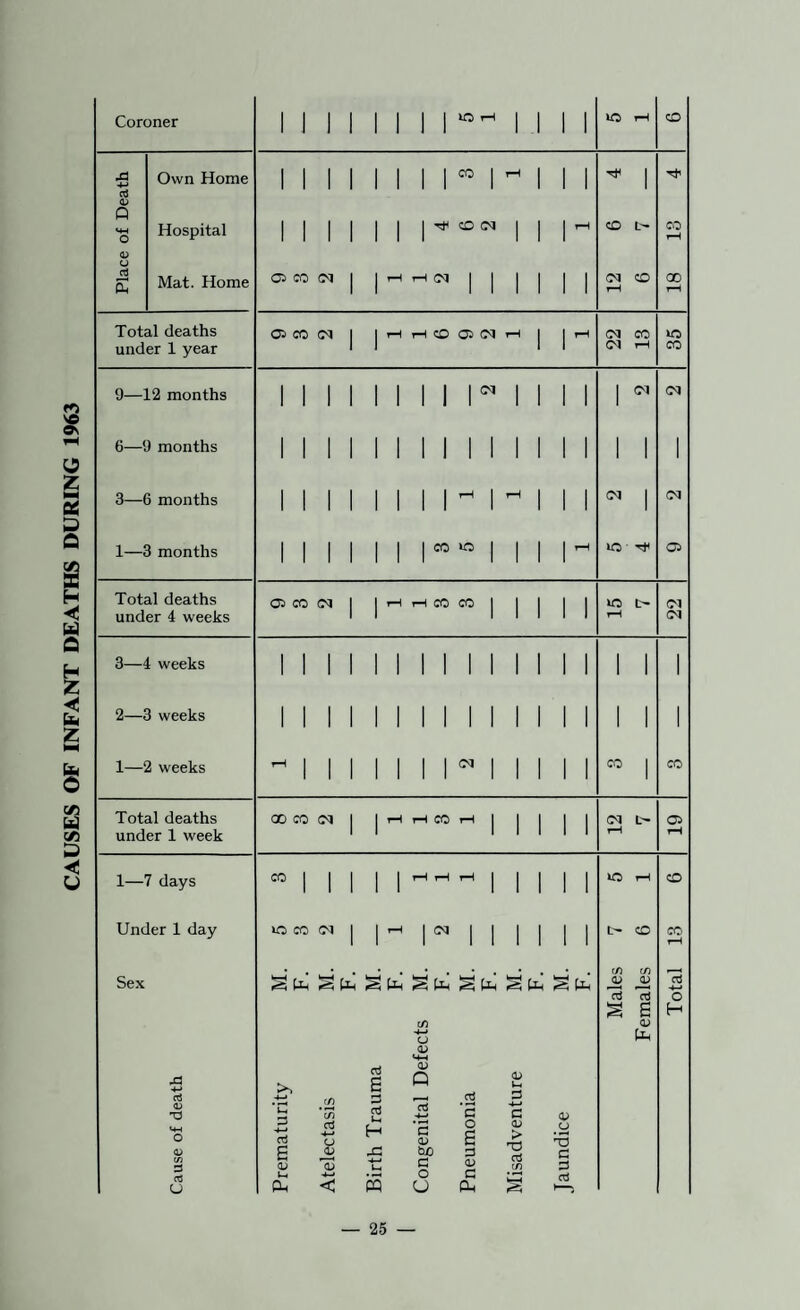 CAUSES OF INFANT DEATHS DURING 1963 Coroner o <u Q a; u Oj & Mat. Home Total deaths under 1 year 05 CO (M ^ tH cO Oi ^ (M CO 6—9 months 1—3 months CO ID ID 'tH 05 Total deaths under 4 weeks 3—4 weeks 2—3 weeks 1—2 weeks 05 CO (M CO CO I I I I I I I CM XO I> I I CO CO Total deaths under 1 week 00 CO (M CO CM t' (35 1—7 days Under 1 day Sex 0) d <TJ U CO lO CO (M (M SUh Sfo U( O •4-* d B d u <1; d B o d U( H M CJ <D <4-1 a; Q ’S tic c o O xo L- CO (f) (fi rt 73 S B O) .2 'S o 6 o a> C 0^ <v o 4-* c a; > 'V d ^CJ C o CO CO