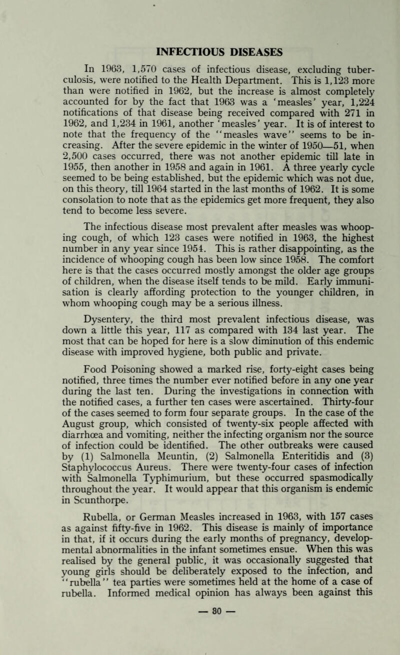 INFECTIOUS DISEASES In 1063, 1,570 cases of infectious disease, excluding tuber¬ culosis, were notified to the Health Department. This is 1,123 more than were notified in 1962, but the increase is almost completely accounted for by the fact that 1963 was a ‘measles’ year, 1,224 notifications of that disease being received compared with 271 in 1962, and 1,234 in 1961, another ‘measles’ year. It is of interest to note that the frequency of the “measles wave’’ seems to be in¬ creasing. After the severe epidemic in the winter of 1950—51, when 2,500 cases occurred, there was not another epidemic till late in 1955, then another in 1958 and again in 1961. A three yearly cycle seemed to be being established, but the epidemic which was not due, on this theory, till 1964 started in the last months of 1962. It is some consolation to note that as the epidemics get more frequent, they also tend to become less severe. The infectious disease most prevalent after measles was whoop¬ ing cough, of which 123 cases were notified in 1963, the highest number in any year since 1954. This is rather disappointing, as the incidence of whooping cough has been low since 1958. The comfort here is that the cases occurred mostly amongst the older age groups of children, when the disease itself tends to be mild. Early immuni¬ sation is clearly affording protection to the younger children, in whom whooping cough may be a serious illness. Dysentery, the third most prevalent infectious disease, was down a little this year, 117 as compared with 134 last year. The most that can be hoped for here is a slow diminution of this endemic disease with improved hygiene, both public and private. Food Poisoning showed a marked rise, forty-eight cases being notified, three times the number ever notified before in any one year during the last ten. During the investigations in connection with the notified cases, a further ten cases were ascertained. Thirty-four of the cases seemed to form four separate groups. In the case of the August group, which consisted of twenty-six people affected with diarrhoea and vomiting, neither the infecting organism nor the source of infection could be identified. The other outbreaks were caused by (1) Salmonella Meuntin, (2) Salmonella Enteritidis and (3) Staphylococcus Aureus. There were twenty-four cases of infection with Salmonella Typhimurium, but these occurred spasmodically throughout the year. It would appear that this organism is endemic in Scunthorpe. Rubella, or German Measles increased in 1963, with 157 cases as against fifty-five in 1962. This disease is mainly of importance in that, if it occurs during the early months of pregnancy, develop¬ mental abnormalities in the infant sometimes ensue. When this was realised by the general public, it was occasionally suggested that young girls should be deliberately exposed to the infection, and ‘' rubella ’ ’ tea parties were sometimes held at the home of a case of rubella. Informed medical opinion has always been against this — 80 —