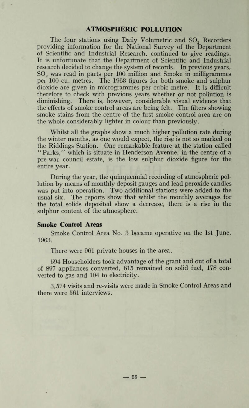 ATMOSPHERIC POLLUTION The four stations using Daily Volumetric and SOj Recorders providing information for the National Survey of the Department of Scientific and Industrial Research, continued to give readings. It is unfortunate that the Department of Scientific and Industrial research decided to change the system of records. In previous years, SO2 was read in parts per 100 million and Smoke in milligrammes per 100 cu. metres. The 1963 figures for both smoke and sulphur dioxide are given in microgrammes per cubic metre. It is difficult therefore to check with previous years whether or not pollution is diminishing. There is, however, considerable visual evidence that the effects of smoke control areas are being felt. The filters showing smoke stains from the centre of the first smoke control area are on the whole considerably lighter in colour than previously. Whilst all the graphs show a much higher pollution rate during the winter months, as one would expect, the rise is not so marked on the Riddings Station. One remarkable feature at the station called “Parks,” which is situate in Henderson Avenue, in the centre of a pre-war council estate, is the low sulphur dioxide figure for the entire year. During the year, the quinquennial recording of atmospheric pol¬ lution by means of monthly deposit gauges and lead peroxide candles was put into operation. Two additional stations were added to the usual six. The reports show that whilst the monthly averages for the total solids deposited show a decrease, there is a rise in the sulphur content of the atmosphere. Smoke Control Areas Smoke Control Area No. 3 became operative on the 1st June, 1963. There were 961 private houses in the area. 594 Householders took advantage of the grant and out of a total of 897 appliances converted, 615 remained on solid fuel, 178 con¬ verted to gas and 104 to electricity. 3,574 visits and re-visits were made in Smoke Control Areas and there were 561 interviews.