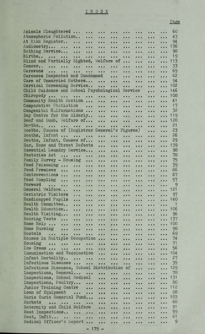 Page Animals Slaughtered . 60 Atmospheric Pollution. 43 At Risk Register. 94 Audiometry.. 136 Bathing Service. 98 Births. 19 Blind and Partially Sighted, Welfare of.113 Cancer. 33 Caravans . 69 Carcases Inspected and Condemned . 62 Care of Unmarried Mothers... ... ... 94 Cervical Screening Service.102 Child Guidance and School Psychological Service ,.. ... 146 Chiropody ... 108 Community Health Section .. 41 Comparative Statistics ... ... ... ... ... 17 Congenital Malformations . *.. ... ... 32 Day Centre for the Elderly.. ... 119 Deaf and Dumb, Welfare of. 120 Deaths.. . ... . 21 Deaths, Causes of (Registrar General's Figures) . 23 Deaths, Infant ... 26 Deaths, Infant, Causes of. 29 Ear, Nose and Throat Defects .. .. ... 139 Essential Laundry Service... .. 98 Factories Act . 78 Family Survey - Housing ... .. ... ... ... ... 75 Food Poisoning. 39 Food Premises . 66 Contraventions. 67 Food Sampling . 57 Forward . 9 General Welfare..121 Geriatric Visitors . 97 Handicapped Pupils . 140 Health Committee. 1 Health Education.106 Health Visiting. 96 Hearing Tests . 137 Home Help. 108 Home Nursing . 98 Hostels . 69 Houses in Multiple Occupation . 74 Housing . 71 Ice Cream. 56 Immunisation and Vaccination .. 104 Infant Mortality.... ... ... ... 27 Infectious Diseases. 35 Infectious Diseases, School Distribution of . 129 Inspections, General. 78 Inspections, School Medical ... ... ... 131 Inspections, Poultry. 80 Junior Training Centre .. ... ... ... ... ... 112 Loan of Equipment ... ... . ... ... ... 98 Marie Curie Memorial Fund... ... ... 103 Markets ... .. ... . ... ... 68 Maternity and Child Welfare . 91 Meat Inspections. 59 Meat, Unfit. 61 Medical Officer's Report . 9