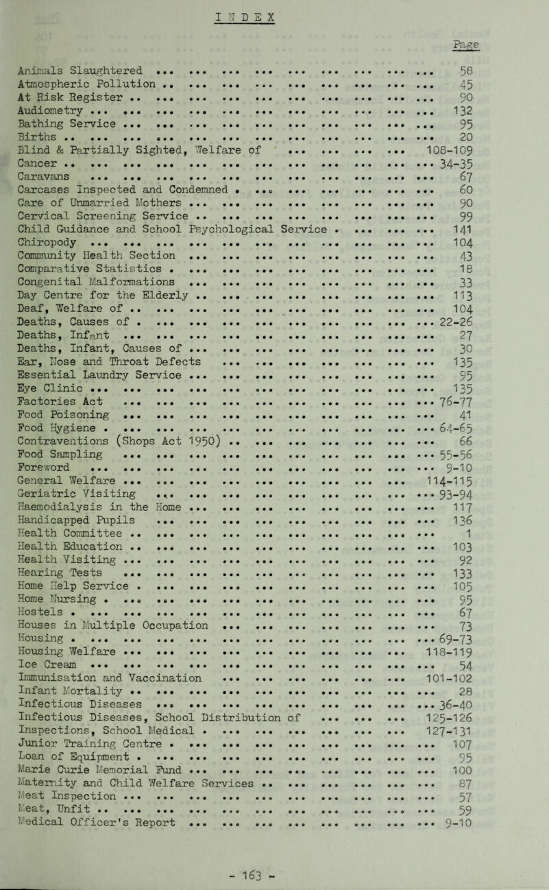 Page Animals Slaughtered . 50 Atmospheric Pollution . 45 At Risk Register. 90 Audiometry. 132 Bathing Service . 95 Births. 20 Blind & Partially Sighted, Welfare of . 108-109 Cancer.34-35 Caravans . 67 Carcases Inspected and Condemned • .• „ • ... 60 Care of Unmarried Mothers. 90 Cervical Screening Service . 99 Child Guidance and School Psychological Service.. ... 141 Chiropody ... ... 104 Community Health Section .. 43 Comparative Statistics . 18 Congenital Malformations . 33 Day Centre for the Elderly. 113 Deaf, 7/elfare of. 104 Deaths, Causes of.22-26 Deaths, Infant . 27 Deaths, Infant, Causes of ... 30 Ear, Hose and Throat Defects . 135 Essential Laundry Service . 95 Eye Clinic. 135 Factories Act .76-77 Food Poisoning . 41 Food Hygiene.64-65 Contraventions (Shops Act 1950) . 66 Food Sampling ... ... ... ... 55-56 Foreword . 9-10 General Welfare . 114-115 Geriatric Visiting ... 93-94 Haemodialysis in the Home. 117 Handicapped Pupils ... .. .. 136 Health Committee .. ... ... ... ... ... ... 1 Health Education .. 103 Health Visiting. 92 Hearing Tests . 133 Home Help Service. 105 Home Nursing . ... ... ... 95 Hostels. 67 Houses in Multiple Occupation . 73 Housing.69-73 Housing Welfare ... ... .. 118-119 Ice Cream ... ... ... .. ... 54 Immunisation and Vaccination . 101-102 Infant Mortality .. 28 Infectious Diseases .. ... .36-40 Infectious Diseases, School Distribution of . 125-126 Inspections, School Medical . 127-131 Junior Training Centre . 107 Loan of Equipment. 95 Marie Curie Memorial Fund. 100 Maternity and Child Welfare Services .. .. Meat Inspection. 57 Meat, Unfit. 59 Medical Officer's Report . 9-10