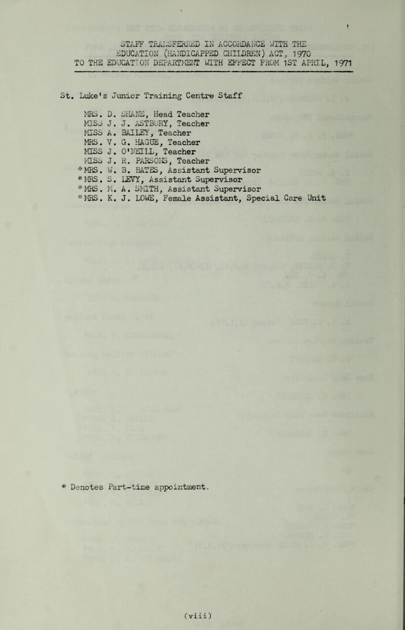 1 STAFF TFSA-SFERIuiD IN ACCOFDArJCS WITH THE EDUCATION (HANDICAPPED CHILDREN) ACT, 1970 TO THE EDUCATION DEPARTMETIT IIETH Et’FECT FROM 1ST APRIL, 1971 St, Luke's Junior Training Centre Staff MRS. D. MISS J. MISS A. MRS. V. MISS J. MISS J. -^MRS. W. <^MRS. S. ’^MRS. M. *MRS. K. StlAIJE, Head Teacher J. ASTBURY, Teacher BAILED', Teacher G, HAGUE, Teacher O'lHILL, Teacher R. PARSONS, Teacher B. BATES, Assistant Supervisor LEVY, Assistant Supervisor A, SMITH, Assistant Supervisor J. LOWE, Female Assistant, Special Care Unit Denotes Part-time appointment.