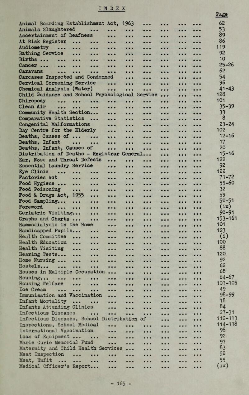 Animal Boarding Establishment Act, 19^3 Animals Slaiightered Ascertainment of Deafness At Risk Register Audiometry ... Bathing Service Births ... ... Cancer ... ... Caravans ... Carcases Inspected and Condemned Cervical Screening Service Chemical Analysis (Water) Child Guidance and School Psychological Service Chiropody . Clean Air ... ... ... Community Health Section... Comparative Statistics ... Congenital Malformations Day Centre for the Elderly Deaths, Causes of . Deaths, Infant . Deaths, Infant, Causes of Distribution of Deaths - Registrar General Ear, Nose and Throat Defects Essential Laundiy Service Eye Clinic ... Factories Act Pood Hygiene ... Pood Poisoning Pood & Drugs Act, 1* Pood Sampling... Foreword Geriatric Visiting Graphs and Charts Haemodialysis in the Home Handicapped Pupils, Health Committee Health Education Health Visiting Hearing Tests... Home Nursing ... Hostels. Houses in Multiple Housing. Housing Welfare Ice Cream Iinm\jnisation and Vaccination Infant Mortality . Infants Attending Clinics Infectious Diseases ... Infectious Diseases, School Distribution of Inspections, School Medical International Vaccination Loan of Equipment . Marie Ourie Memorial Fund Maternity and Child Health Services Meat Inspection . Meat, TJxxfit ... ... ... Medical Officer's Report... 955 Occupation 62 53 89 86 119 92 10 25-26 62 54 96 41-43 128 101 35-39 33 8 23-24 102 12-16 17 20 15-16 122 92 122 71-72 59-60 32 59 50-51 (ix) 90-91 153-161 101 123 (1) 100 88 120 92 62 68 64-67 103-105 49 98-99 18 84 27-31 112-113 114-118 98 92 97 83 52 55 (ix)