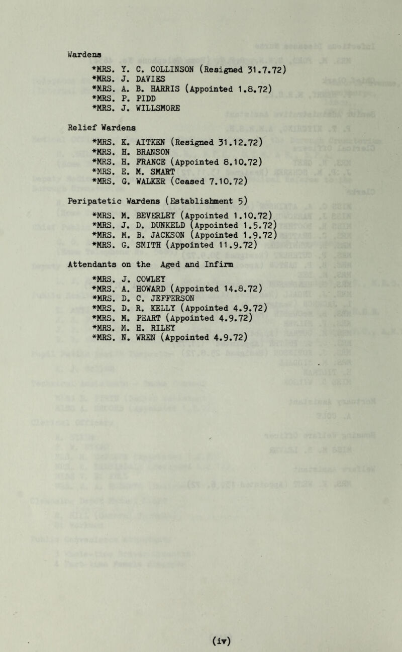 Wardens ♦MRS. Y. C. COLLINSON (Resigned 31.7.72) ♦MRS. J. DAVIES ♦MRS. A. B. HARRIS (Appointed 1.8.72) ♦MRS. P. PIDD ♦MRS. J. WILLSMORE Relief Wardens ♦MRS. K. AITKEN (Resigned 31.12.72) ♦MRS. H. BRANSON ♦MRS. H. FRANCE (Appointed 8.10.72) ♦MRS. E. M. SMART ♦MRS. G. WALKER (Ceased 7.10.72) Peripatetic Wardens (Establishment 5) ♦MRS. M. BEVERLEY (Appointed 1.10.72) ♦MRS. J. D. DUNKELD (Appointed 1.5.72) ♦MRS. M. B. JACKSON (Appointed 1.9.72) ♦MRS. G. SMITH (Appointed 11.9.72) Attendants on the Aged and Infirm ♦MRS. J. COWLEY ♦MRS. A. HOWARD (Appointed 14.8.72) ♦MRS. D. C. JEFFERSON ♦MRS. D. R. KELLY (Appointed 4.9.72) ♦MRS. M. PEART (Appointed 4.9.72) ♦MRS. M. H. RILEY ♦MRS. N. WREN (Appointed 4.9.72)