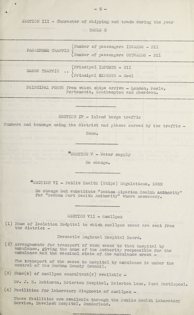 TABLE C PASSENGER TRAFFIC (Number of passengers INWARDS - Nil (Number of passengers OUTWARDS - Nil CARGO TRAFFIC (Principal IMPORTS - Nil (Principal EXPORTS - Coal PRINCIPAL PORTS from which ships arrive - London, Poole, Portsmouth, Southampton and Aberdeen. SECTION IV - Inland barge traffic Numbers and tonnage using the district and places served by the traffic - None. ^SECTION V - Water supply No change. ^SECTION VI - Public Health (Ships) Regulations, 1952 iiO change ouo ^ubotitute ‘’Seaham Riparian Health Authority” for ”Seaham Port Health Authority’1 2 3 4 v/here necessary. SECTION VII - Smallpox (l; Name ox Isolation xlodpital to which smallpox cases are sent from the district - Newcastle Regional Hospital Board. (2) Arrangements for transport of such cases to that hospital by ambulance, giving the name of the Authority responsible for the ambulance and the vaccinal state of the ambulance crews - The transport of the cases to hospital by ambulance is under the control of the Durham County Council. (3) Name(s) of smallpox consultant(s) available - -Jr. J. B. Robinson, Brierton Hospital, Brierton Lane, West Hartlepool. (4) Facilities for laboratory diagnosis of smallpox - These facilities are available through the Public Health Laboratory service, Havelock Hospital, Sunderland.