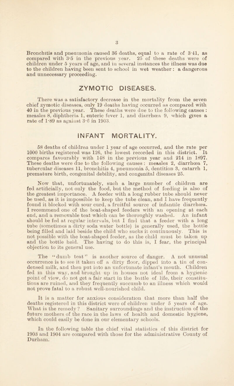 Bronchitis and pneumonia caused 36 deaths, equal to a rate of 3‘41, as compared with 3*5 in the previous year. 25 of these deaths were of children under 5 years of age, and in several instances the illness was due to the children having been sent to school in wet weather : a dangerous and unnecessary proceeding. ZYMOTIC DISEASES. There was a satisfactory decrease in the mortality from the seven chief zymotic diseases, only 19 deaths having occurred as compared with 40 in the previous year. These deaths were due to the following causes : measles 8, diphtheria 1, enteric fever 1, and diarrhoea 9, which gives a rate of 1‘89 as against 3’6 in 1903. INFANT MORTALITY. 58 deaths of children under 1 year of age occurred, and the rate per 1000 births registered was 126, the lowest recorded in this district. It compares favourably with 148 in the previous year and 214 in 1897. These deaths were due to the following causes : measles 2, diarrhoea 7, tubercular diseases 11, bronchitis 4, pneumonia 5, dentition 3, catarrh 1, premature birth, congenital debility, and congenital diseases 25. Now that, unfortunately, such a large number of children are fed artificially, not only the food, but the method of feeding is also of the greatest importance. A feeder with a long rubber tube should never be used, as it is impossible to keep the tube clean, and I have frequently found it blocked with sour curd, a fruitful source of infantile diarrhoea. I recommend one of the boat-shaped feeders with an opening at each end, and a removable teat which can be thoroughly washed. An infant should be fed at regular intervals, but I find that a feeder with a long tube (sometimes a dirty soda water bottle) is generally used, the bottle being filled and laid beside the child who sucks it continuously. This is not possible with the boat-shaped feeder, as the child must be taken up and the bottle held. The having to do this is, I fear, the principal objection to its general use. The “dumb teat” is another source of danger. A not unusual occurrence is to see it taken off a dirty floor, dipped into a tin of con¬ densed milk, and then put into an unfortunate infant’s mouth. Children fed m this way, and brought up in houses not ideal from a hygienic point of view, do not get a fair start in the battle of life, their constitu¬ tions are ruined, and they frequently succumb to an illness which would not prove fatal to a robust well-nourished child. It is a matter for anxious consideration that more than half the deaths registered in this district were of children under 5 years of age. What is the remedy ? Sanitary surroundings and the instruction of the future mothers of the race in the laws of health and domestic hygiene, which could easily be done in our elementary schools. In the following table the chief vital statistics of this district for 1903 and 1904 are compared with those for the administrative County of Durham.