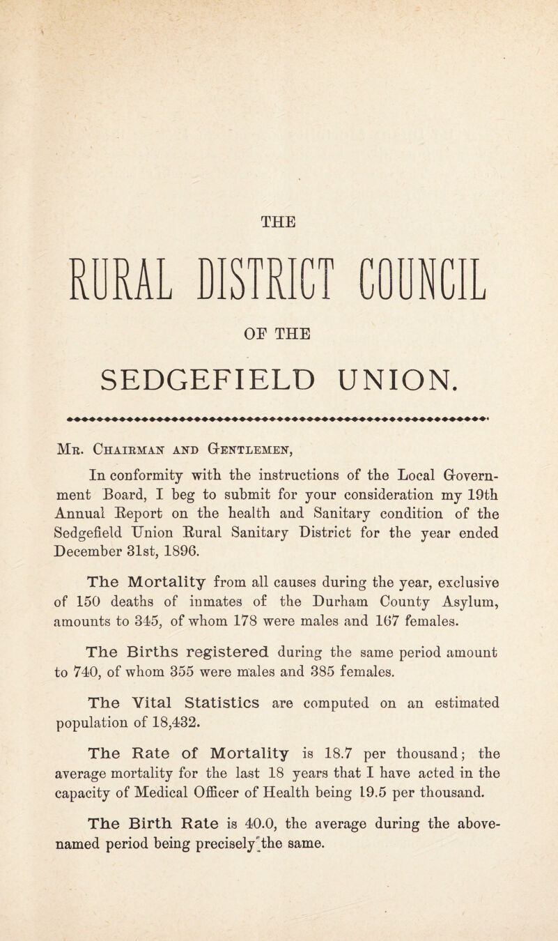 THE RURAL DISTRICT OP THE SEDGEFIELD UNION. Me. Chaieman and G-entlemen, In conformity with the instructions of the Local Grovern- ment Board, I beg to submit for your consideration my 19th Annual Beport on the health and Sanitary condition of the Sedgefield Union Bural Sanitary District for the year ended December 31st, 1896. The Mortality from all causes during the year, exclusive of 150 deaths of inmates of the Durham County Asylum, amounts to 345, of whom 178 were males and 167 females. The Births registered during the same period amount to 740, of whom 355 were males and 385 females. The Vital Statistics are computed on an estimated population of 18,432. The Rate of Mortality is 18.7 per thousand; the average mortality for the last 18 years that I have acted in the capacity of Medical Ofdcer of Health being 19.5 per thousand. The Birth Rate is 40.0, the average during the above- named period being precisely the same.