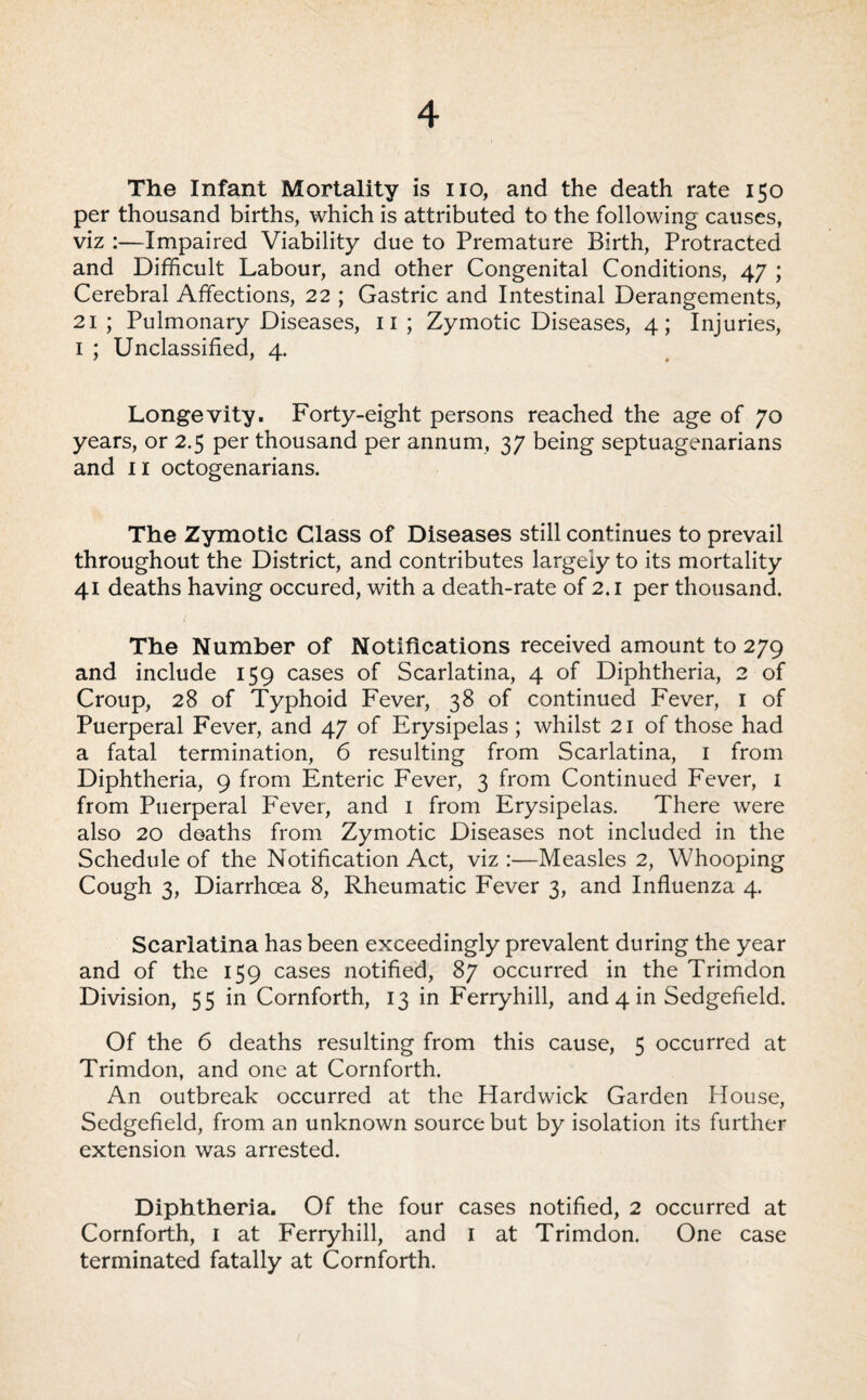 The Infant Mortality is no, and the death rate 150 per thousand births, which is attributed to the following causes, viz :—Impaired Viability due to Premature Birth, Protracted and Difficult Labour, and other Congenital Conditions, 47 ; Cerebral Affections, 22 ; Gastric and Intestinal Derangements, 21; Pulmonary Diseases, ii; Zymotic Diseases, 4; Injuries, I ; Unclassified, 4. Longevity. Forty-eight persons reached the age of 70 years, or 2.5 per thousand per annum, 37 being septuagenarians and II octogenarians. The Zymotic Class of Diseases still continues to prevail throughout the District, and contributes largely to its mortality 41 deaths having occured, with a death-rate of 2.1 per thousand. The Number of Notifications received amount to 279 and include 159 cases of Scarlatina, 4 of Diphtheria, 2 of Croup, 28 of Typhoid Fever, 38 of continued Fever, i of Puerperal Fever, and 47 of Erysipelas; whilst 21 of those had a fatal termination, 6 resulting from Scarlatina, i from Diphtheria, 9 from Enteric Fever, 3 from Continued Fever, 1 from Puerperal Fever, and i from Erysipelas. There were also 20 deaths from Zymotic Diseases not included in the Schedule of the Notification Act, viz :—Measles 2, Whooping Cough 3, Diarrhoea 8, Rheumatic Fever 3, and Influenza 4. Scarlatina has been exceedingly prevalent during the year and of the 159 cases notified, 87 occurred in the Trimdon Division, 55 in Cornforth, 13 in Ferryhill, and 4 in Sedgefield. Of the 6 deaths resulting from this cause, 5 occurred at Trimdon, and one at Cornforth. An outbreak occurred at the Hardwick Garden House, Sedgefield, from an unknown source but by isolation its further extension was arrested. Diphtheria. Of the four cases notified, 2 occurred at Cornforth, i at Ferryhill, and i at Trimdon. One case terminated fatally at Cornforth.