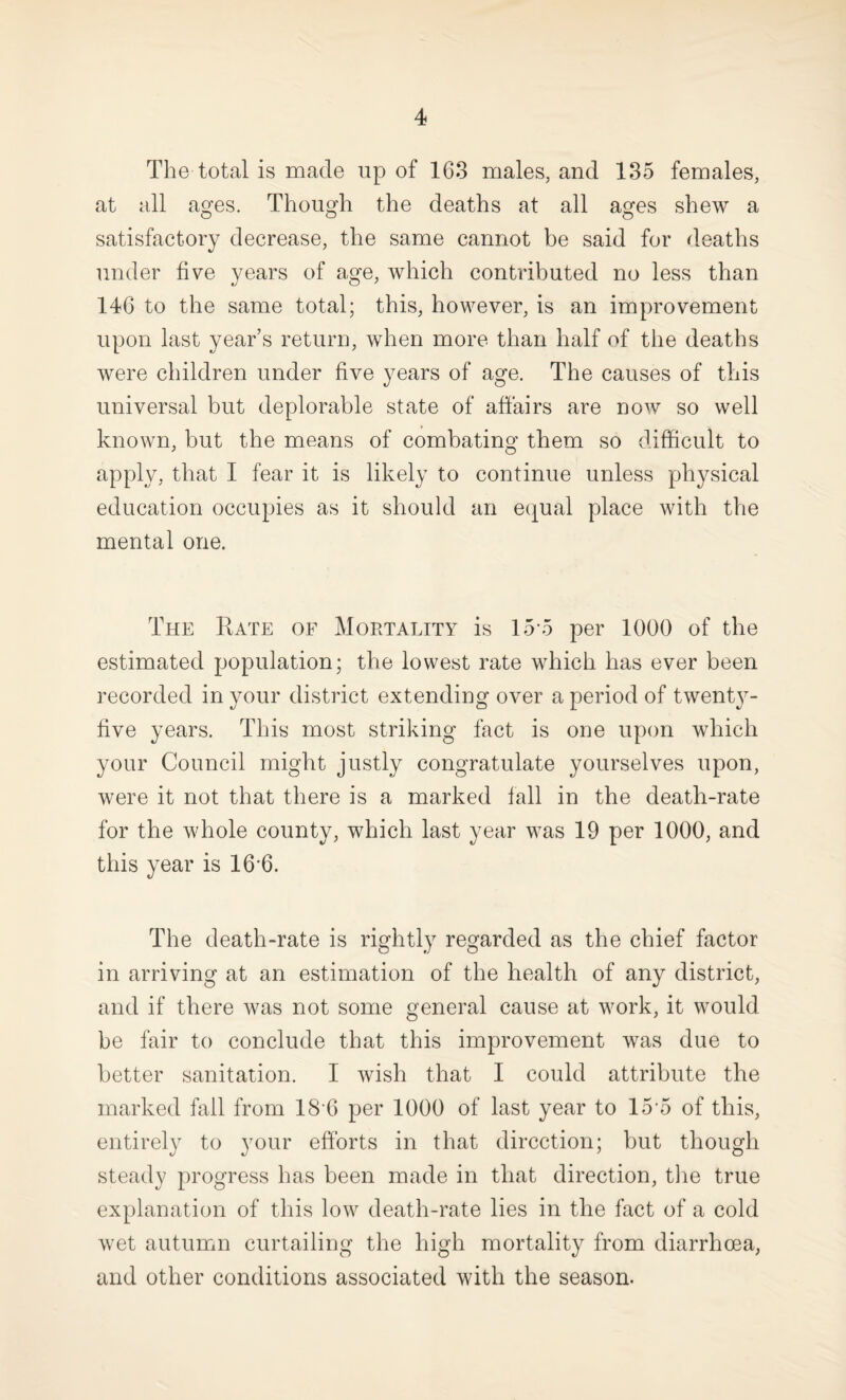 The total is made up of 163 males, and 135 females, at all ages. Though the deaths at all ages shew a satisfactory decrease, the same cannot be said for d.eaths under five years of age, which contributed no less than 146 to the same total; this, however, is an improvement upon last year’s return, when more than half of the deaths were children under five years of age. The causes of this universal but deplorable state of aflairs are now so well known, but the means of combating them so difficult to apply, that I fear it is likely to continue unless physical education occupies as it should an equal place with the mental one. The Rate of Mortality is 15-5 per 1000 of the estimated population; the lowest rate which has ever been recorded in your district extending over a period of twenty- five years. This most striking fact is one upon which your Council might justly congratulate yourselves upon, were it not that there is a marked fall in the death-rate for the whole county, which last year was 19 per 1000, and this year is 16'6. The death-rate is rightly regarded as the chief factor in arriving at an estimation of the health of any district, and if there was not some general cause at work, it would be fair to conclude that this improvement was due to better sanitation. I wish that I could attribute the marked fail from IS O per 1000 of last year to 15’5 of this, entirely to your efforts in that direction; but though steady progress has been made in that direction, tlie true explanation of this low death-rate lies in the fact of a cold wet autumn curtailing the high mortality from diarrhoea, and other conditions associated with the season.