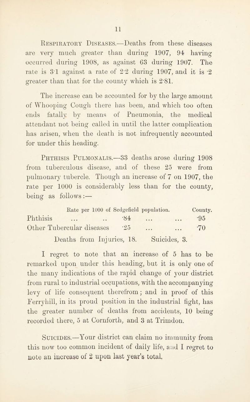 Respiratory Diseases.—Deaths from these diseases are very much greater than during 1907, 94 having occurred during 1908, as against 63 during 1907. The rate is 31 against a rate of 2-2 during 1907, and it is '2 greater than that for the county which is 2'81. The increase can be accounted for by the large amount of Whooping Cough there has been, and which too often ends fatally by means of Pneumonia, the medical attendant not being called in until the latter complication has arisen, when the death is not infrequently accounted for under this heading. Phthisis Pulmonalis,—33 deaths arose during 1908 from tuberculous disease, and of these 25 were from pulmonary tubercle. Though an increase of 7 on 1907, the rate per 1000 is considerably less than for the county, being as follows :— Rate per 1000 of Sedgefield population. County. Phthisis ... .. '84 ... ... '95 Other Tubercular diseases '25 ... ... -70 Deaths from Injuries, 18. Suicides, 3. I regret to note that an increase of 5 has to be remarked upon under this heading, but it is only one of the many indications of the rapid change of your district from rural to industrial occupations, with the accompanying levy of life consequent therefrom; and in proof of this Ferryhill, in its proud position in the industrial fight, has the greater number of deaths from accidents, 10 being recorded there, 5 at Cornforth, and 3 at Trimdon. Suicides.—Your district can claim no immunity from this now too common incident of daily life, and I regret to note an increase of 2 upon last year’s total.
