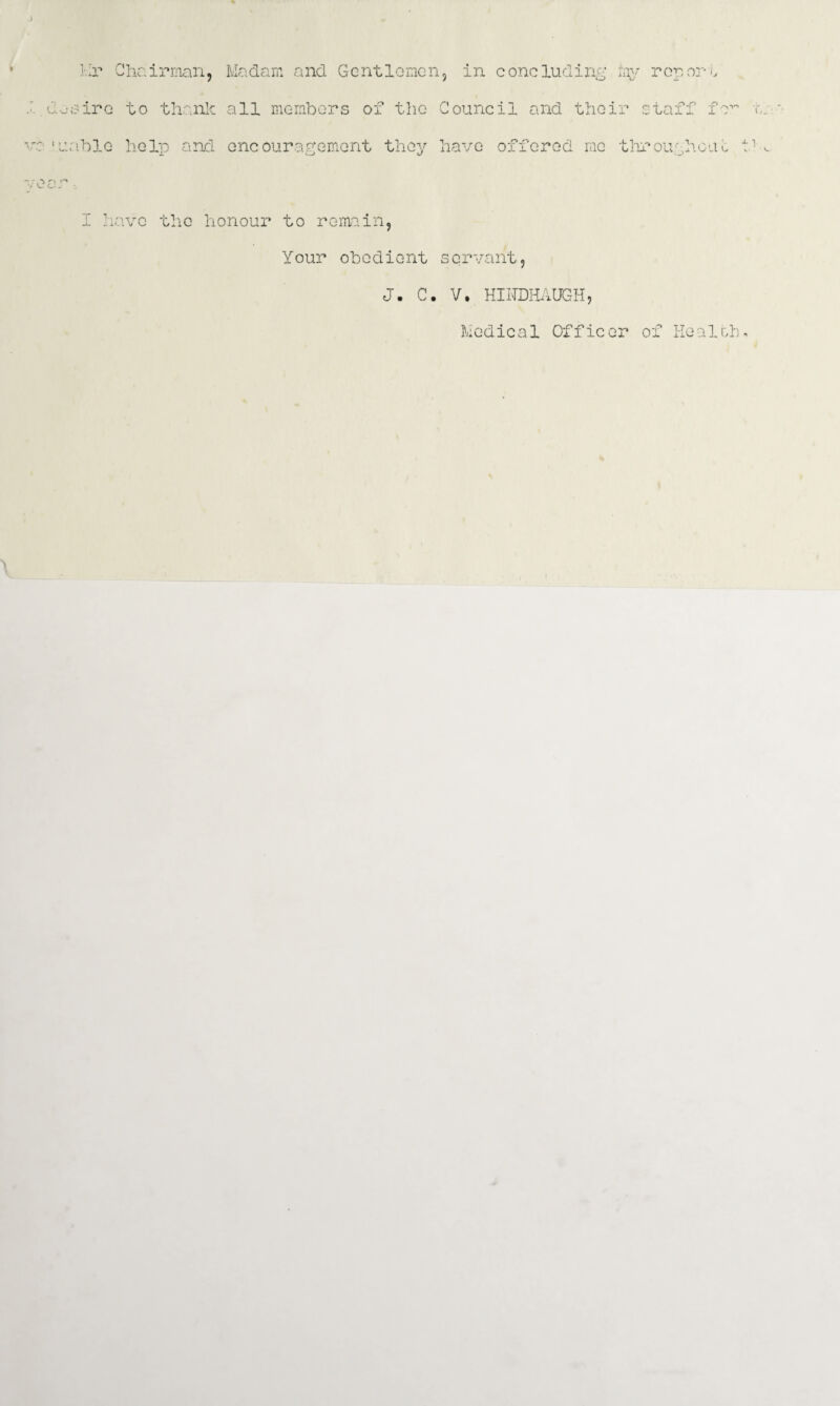 / » Hr Chairman, C-oairc to thank Madam and GcntlGmcn, in concluding my roporL all members of the Council and their staff fc’ •\r. ble help and encouragement they iriave offered me tlir OU ''; aouc I have the honour to remain, Your obedient servant, J. C. V. HIKDHAUGH, Medical Officer of ileal oh.