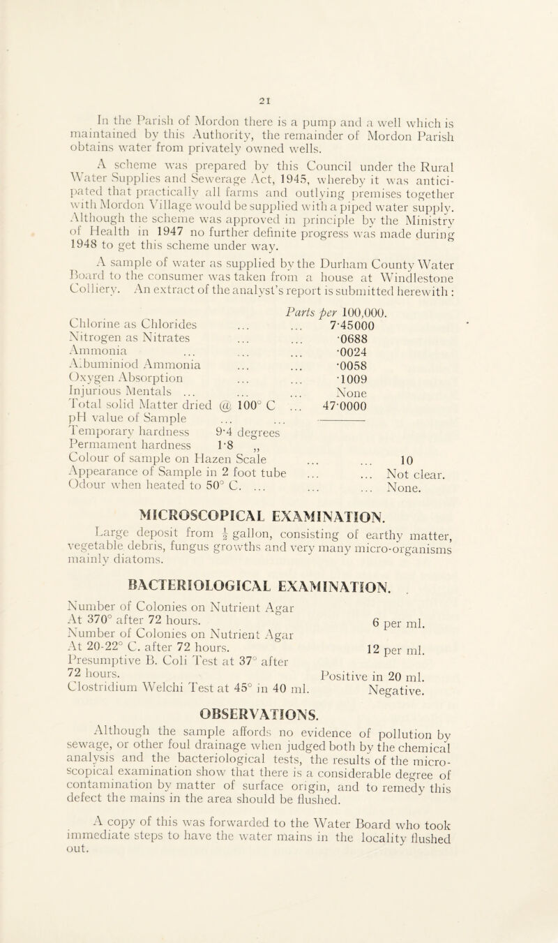 In the Parish of Mordon there is a pump and a well which is maintained by this Authority, the remainder of Mordon Parish obtains water from privately owned wells. A scheme was prepared by this Council under the Rural Water Supplies and Sewerage Act, 1945, whereby it was antici¬ pated that practically all farms and outlying premises together with Mordon Village would be supplied with a piped water supply. Although the scheme was approved in principle by the Ministry of Health in 1947 no further definite progress was made during 1948 to get this scheme under way. A sample of water as supplied by the Durham County Water Board to the consumer was taken from a house at Windlestone Colliery. An extract of the analyst’s report is submitted herewith : Paris per 100,000. Chlorine as Chlorides ... ... 7-45000 Nitrogen as Nitrates ... ... -0688 Ammonia ... ... ... -0024 Aibuminiod Ammonia ... ... -0058 Oxygen Absorption ... ... -1009 Injurious Mentals ... ... ... None Total solid Matter dried @ 100° C pH value of Sample Temporary hardness 9-4 degrees Permament hardness 1*8 ,, Colour of sample on Hazen Scale Appearance of Sample in 2 foot tube Odour when heated to 50° C. 47-0000 10 Not clear. None. MICROSCOPICAL EXAMINATION. Large deposit from -§- gallon, consisting of earthy matter, vegetable debris, fungus growths and very many micro-organisms mainly diatoms. BACTERIOLOGICAL EXAMINATION. Number of Colonies on Nutrient Agar At 370° after 72 hours. Number of Colonies on Nutrient Agar At 20-22° C. after 72 hours. Presumptive B. Coli Test at 37° after 72 hours. Clostridium Welchi Test at 45° in 40 ml. 6 per ml. 12 per ml. Positive in 20 ml. Negative. OBSERVATIONS. Although the sample affords no evidence of pollution by sewage, or other foul drainage when judged both by the chemical analysis and the bacteriological tests, the results of the micro¬ scopical examination show that there is a considerable degree of contamination by matter of surface origin, and to remedy this defect the mains in the area should be flushed. A copy of this was forwarded to the Water Board who took immediate steps to have the water mains in the locality flushed out.