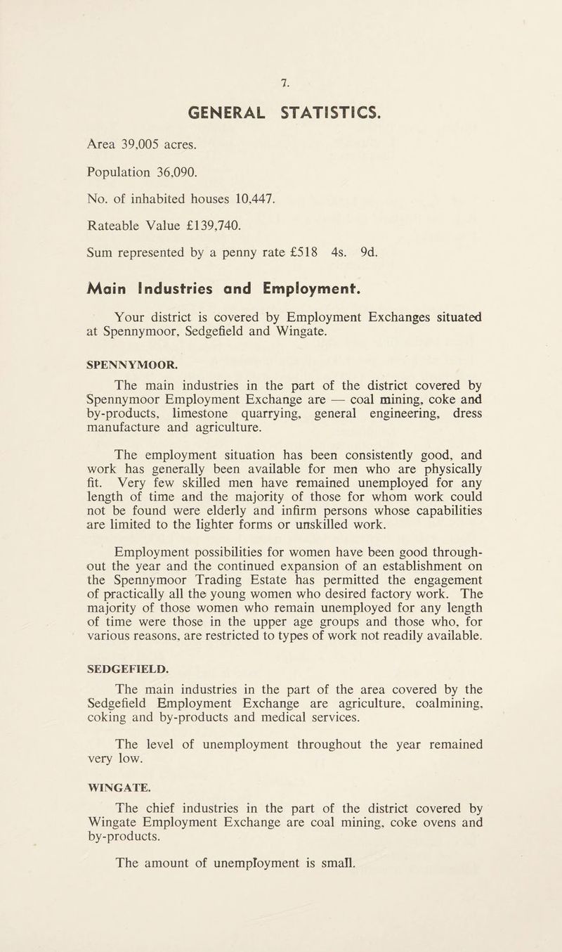 GENERAL STATISTICS. Area 39,005 acres. Population 36,090. No. of inhabited houses 10,447. Rateable Value £139,740. Sum represented by a penny rate £518 4s. 9d. Main Industries and Employment. Your district is covered by Employment Exchanges situated at Spennymoor, Sedgefield and Wingate. SPENNYMOOR. The main industries in the part of the district covered by Spennymoor Employment Exchange are — coal mining, coke and by-products, limestone quarrying, general engineering, dress manufacture and agriculture. The employment situation has been consistently good, and work has generally been available for men who are physically fit. Very few skilled men have remained unemployed for any length of time and the majority of those for whom work could not be found were elderly and infirm persons whose capabilities are limited to the lighter forms or unskilled work. Employment possibilities for women have been good through¬ out the year and the continued expansion of an establishment on the Spennymoor Trading Estate has permitted the engagement of practically all the young women who desired factory work. The majority of those women who remain unemployed for any length of time were those in the upper age groups and those who, for various reasons, are restricted to types of work not readily available. SEDGEFIELD. The main industries in the part of the area covered by the Sedgefield Employment Exchange are agriculture, coalmining, coking and by-products and medical services. The level of unemployment throughout the year remained very low. WINGATE. The chief industries in the part of the district covered by Wingate Employment Exchange are coal mining, coke ovens and by-products. The amount of unemployment is small.