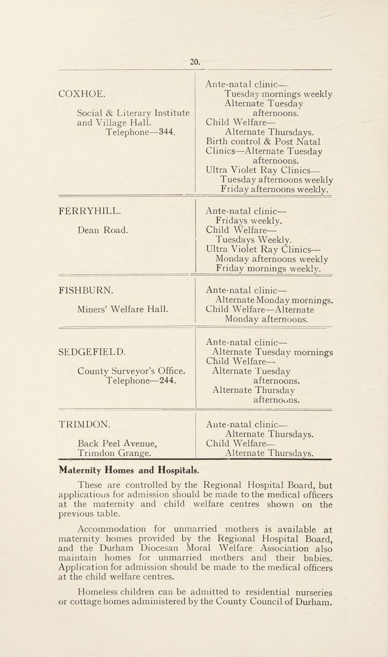COXHOE. Social & Literary Institute and Village Hall. Telephone—344. Ante-natal clinic— Tuesday mornings weekly Alternate Tuesday afternoons. Child Welfare- Alternate Thursdays. Birth control & Post Natal Clinics—Alternate Tuesday afternoons. Ultra Violet Ray Clinics— Tuesday afternoons weekly Friday afternoons weekly. FERRYHILL. Dean Road. Ante-natal clinic— Fridays weekly. Child Welfare—- Tuesdays Weekly. Ultra Violet Ray Clinics— Monday afternoons weekly Friday mornings weekly. FISHBURN. Miners’ Welfare Hall. Ante-natal clinic— Alternate Monday mornings. Child Welfare—Alternate Monday afternoons. SEDGEFIELD. County Surveyor’s Office. T elephone—244. Ante-natal clinic— Alternate Tuesday mornings Child Welfare- Alternate Tuesday afternoons. Alternate Thursdav j afternoons. TRIMDON. Back Peel Avenue, Trimdon Grange. Ante-natal clinic— Alternate Thursdays. Child Welfare- Alternate Thursdays. Maternity Homes and Hospitals. These are controlled by the Regional Hospital Board, but applications for admission should be made to the medical officers at the maternity and child welfare centres shown on the previous table. Accommodation for unmarried mothers is available at maternity homes provided by the Regional Hospital Board, and the Durham Diocesan Moral Welfare Association also maintain homes for unmarried mothers and their babies. Application for admission should be made to the medical officers at the child welfare centres. Homeless children can be admitted to residential nurseries or cottage homes administered by the County Council of Durham.