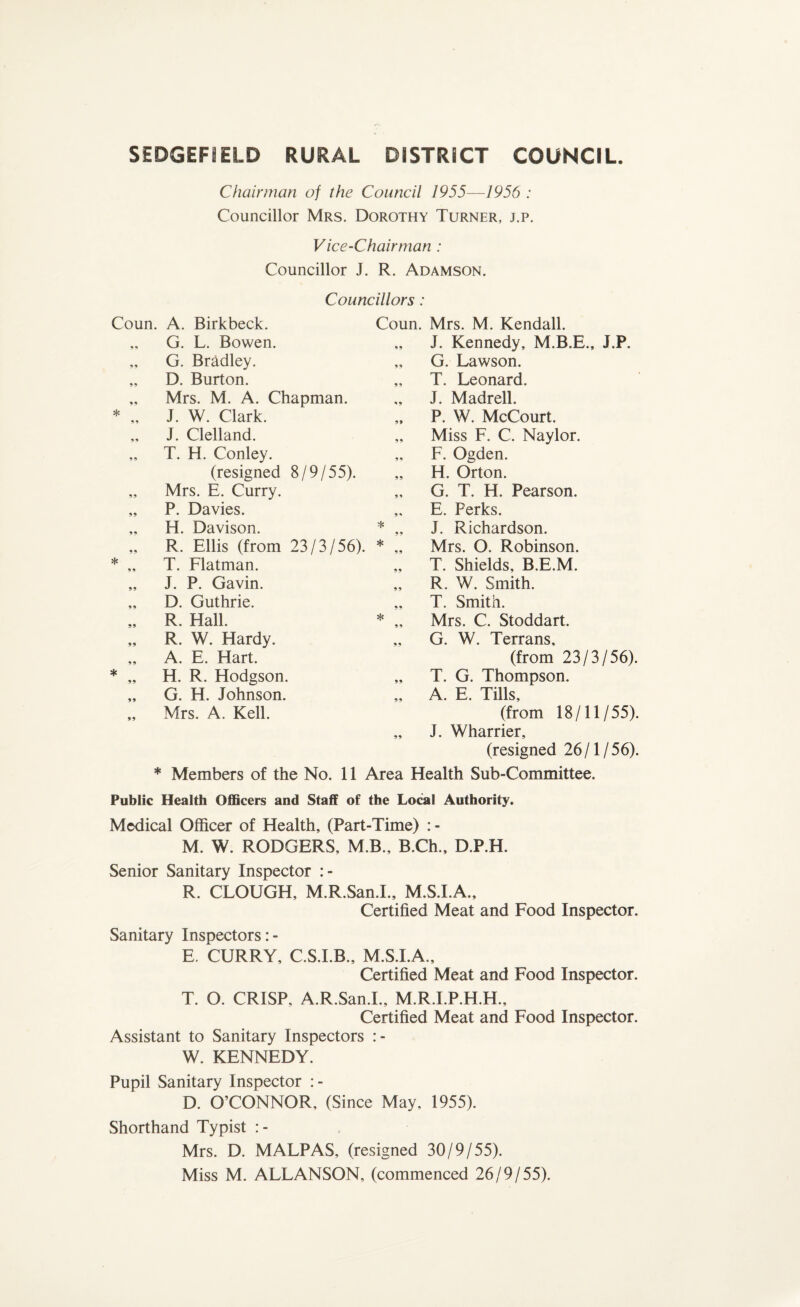 Chairman of the Council 1955—1956 : Councillor Mrs. Dorothy Turner, j.p. Vice-Chairman : Councillor J. R. Adamson. Councillors: Coun. A. Birkbeck. G. L. Bowen. „ G. Bradley. „ D. Burton. „ Mrs. M. A. Chapman. * „ J. W. Clark. „ J. Clelland. „ T. H. Conley. (resigned 8/9/55). „ Mrs. E. Curry. „ P. Davies. „ H. Davison. „ R. Ellis (from 23/3/56). * „ T. Flatman. „ J. P. Gavin. „ D. Guthrie. „ R. Hall. „ R. W. Hardy. „ A. E. Hart. * „ H. R. Hodgson. „ G. H. Johnson. „ Mrs. A. Kell. Coun. Mrs. M. Kendall. „ J. Kennedy, M.B.E., J.P. „ G. Lawson. „ T. Leonard. „ J. Madrell. „ P. W. McCourt. „ Miss F. C. Naylor. „ F. Ogden. „ H. Orton. „ G. T. H. Pearson. E. Perks. * „ J. Richardson. * „ Mrs. O. Robinson. „ T. Shields, B.E.M. „ R. W. Smith. „ T. Smith. * „ Mrs. C. Stoddart. „ G. W. Terrans, (from 23/3/56). „ T. G. Thompson. „ A. E. Tills, (from 18/11/55). „ J. Wharrier, (resigned 26/1/56). * Members of the No. 11 Area Health Sub-Committee. Public Health Officers and Staff of the Local Authority. Medical Officer of Health, (Part-Time) : - M. W. RODGERS, M.B., B.Ch., D.P.H. Senior Sanitary Inspector :- R. CLOUGH, M.R.San.I., M.S.I.A., Certified Meat and Food Inspector. Sanitary Inspectors :- E. CURRY, C.S.I.B., M.S.I.A., Certified Meat and Food Inspector. T. O. CRISP, A.R.San.I., M.R.I.P.H.H., Certified Meat and Food Inspector. Assistant to Sanitary Inspectors :- W. KENNEDY. Pupil Sanitary Inspector : - D. O’CONNOR, (Since May, 1955). Shorthand Typist :- Mrs. D. MALPAS, (resigned 30/9/55).