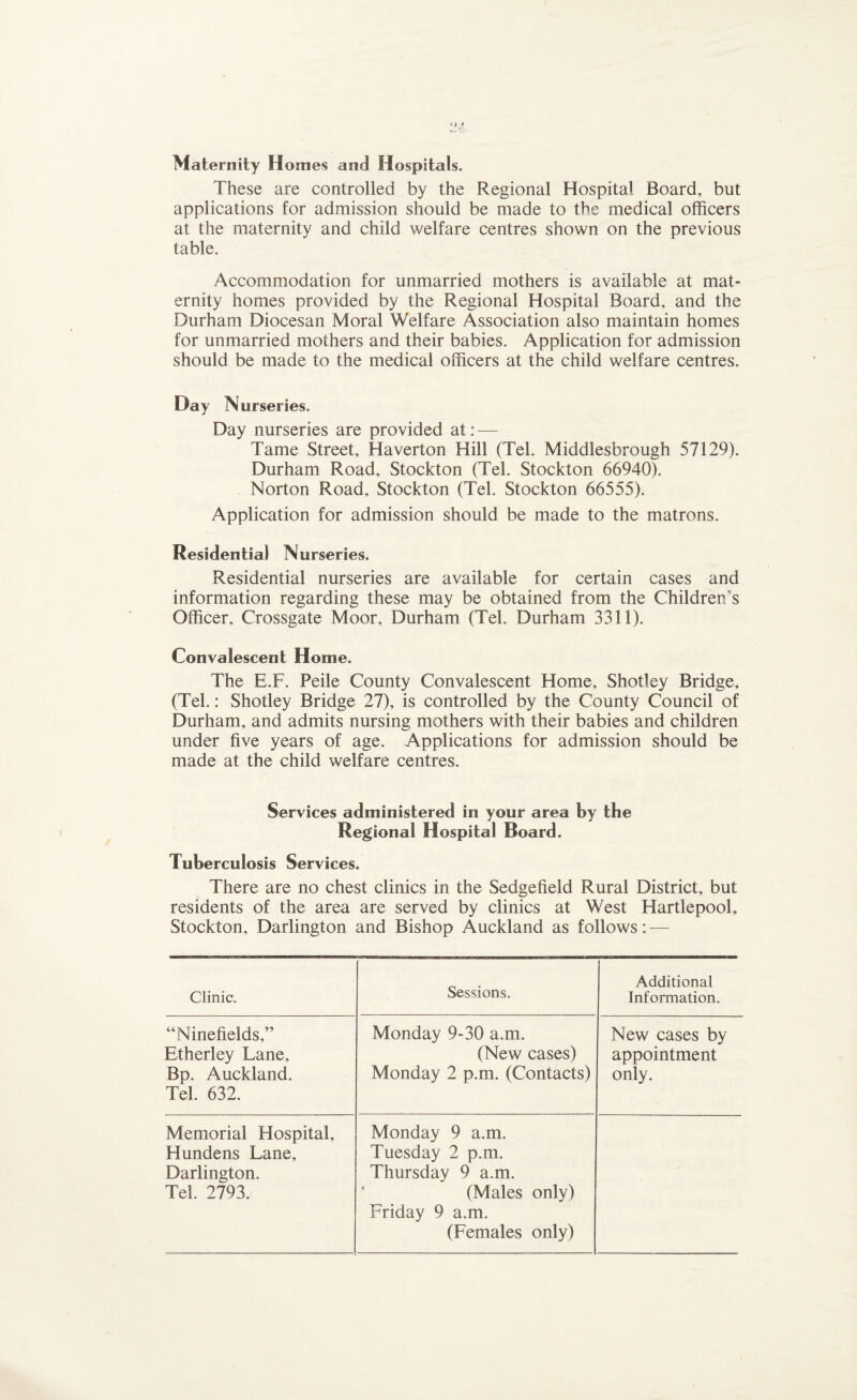 Maternity Homes and Hospitals. These are controlled by the Regional Hospital Board, but applications for admission should be made to the medical officers at the maternity and child welfare centres shown on the previous table. Accommodation for unmarried mothers is available at mat¬ ernity homes provided by the Regional Hospital Board, and the Durham Diocesan Moral Welfare Association also maintain homes for unmarried mothers and their babies. Application for admission should be made to the medical officers at the child welfare centres. Day Nurseries. Day nurseries are provided at: — Tame Street, Haverton Hill (Tel. Middlesbrough 57129). Durham Road. Stockton (Tel. Stockton 66940). Norton Road, Stockton (Tel. Stockton 66555). Application for admission should be made to the matrons. Residential Nurseries. Residential nurseries are available for certain cases and information regarding these may be obtained from the Children's Officer, Crossgate Moor, Durham (Tel. Durham 3311). Convalescent Home. The E.F. Peile County Convalescent Home, Shotley Bridge, (Tel.: Shotley Bridge 27), is controlled by the County Council of Durham, and admits nursing mothers with their babies and children under five years of age. Applications for admission should be made at the child welfare centres. Services administered in your area by the Regional Hospital Board. Tuberculosis Services. There are no chest clinics in the Sedgefield Rural District, but residents of the area are served by clinics at West Hartlepool, Stockton, Darlington and Bishop Auckland as follows:— Clinic. Sessions. Additional Information. “Minefields,” Monday 9-30 a.m. New cases by Etherley Lane, (New cases) appointment Bp. Auckland. Tel. 632. Monday 2 p.m. (Contacts) only. Memorial Hospital, Monday 9 a.m. Hundens Lane, Tuesday 2 p.m. Darlington. Thursday 9 a.m. Tel. 2793. (Males only) Friday 9 a.m. (Females only)