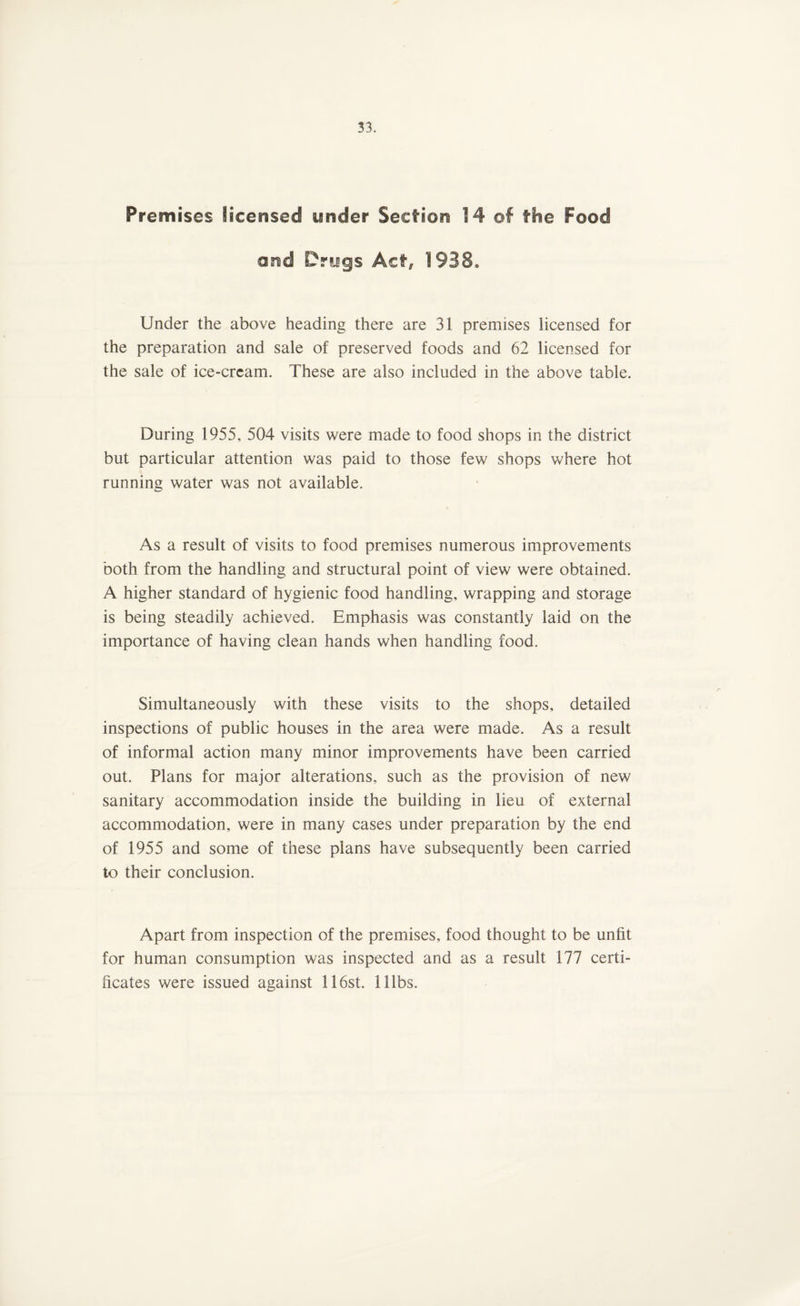 Premises licensed under Section 14 ©f the Food Under the above heading there are 31 premises licensed for the preparation and sale of preserved foods and 62 licensed for the sale of ice-crcam. These are also included in the above table. During 1955, 504 visits were made to food shops in the district but particular attention was paid to those few shops where hot running water was not available. As a result of visits to food premises numerous improvements both from the handling and structural point of view were obtained. A higher standard of hygienic food handling, wrapping and storage is being steadily achieved. Emphasis was constantly laid on the importance of having clean hands when handling food. Simultaneously with these visits to the shops, detailed inspections of public houses in the area were made. As a result of informal action many minor improvements have been carried out. Plans for major alterations, such as the provision of new sanitary accommodation inside the building in lieu of external accommodation, were in many cases under preparation by the end of 1955 and some of these plans have subsequently been carried to their conclusion. Apart from inspection of the premises, food thought to be unfit for human consumption was inspected and as a result 177 certi¬ ficates were issued against 116st. lllbs.