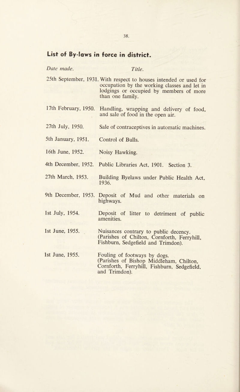List of By-laws in force in district. Date made. Title. 25th September, 1931. With respect to houses intended or used for occupation by the working classes and let in lodgings or occupied by members of more than one family. 17th February, 1950. Handling, wrapping and delivery of food, and sale of food in the open air. 27th July, 1950. Sale of contraceptives in automatic machines. 5th January, 195L Control of Bulls. 16th June, 1952. Noisy Hawking. 4th December, 1952. Public Libraries Act, 1901. Section 3. 27th March, 1953. Building Byelaws under Public Health Act, 1936. 9th December, 1953. Deposit of Mud and other materials on 1st July, 1954. highways. Deposit of litter to detriment of public amenities. 1st June, 1955. Nuisances contrary to public decency. (Parishes of Chilton, Cornforth, Ferryhill, Fishburn, Sedgefield and Trimdon). 1st June, 1955. Fouling of footways by dogs. (Parishes of Bishop Middleham, Chilton, Cornforth, Ferryhill, Fishburn, Sedgefield, and Trimdon).