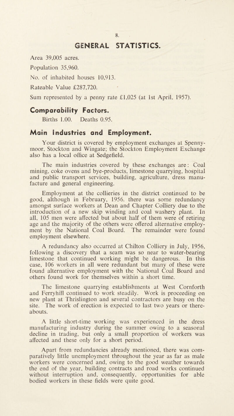 GENERAL STATISTICS. Area 39,005 acres. Population 35,960. No. of inhabited houses 10,913. Rateable Value £287,720. Sum represented by a penny rate £1,025 (at 1st April, 1957). Comparability Factors. Births 1.00. Deaths 0.95. Main industries and Employment. Your district is covered by employment exchanges at Spenny- moor, Stockton and Wingate; the Stockton Employment Exchange also has a local office at Sedgefield. The main industries covered by these exchanges are: Coal mining, coke ovens and bye-products, limestone quarrying, hospital and public transport services, building, agriculture, dress manu¬ facture and general engineering. Employment at the collieries in the district continued to be good, although in February, 1956. there was some redundancy amongst surface workers at Dean and Chapter Colliery due to the introduction of a new skip winding and coal washery plant. In all, 105 men were affected but about half of them were of retiring age and the majority of the others were offered alternative employ¬ ment by the National Coal Board. The remainder were found employment elsewhere. A redundancy also occurred at Chilton Colliery in July, 1956, following a discovery that a seam was so near to water-bearing limestone that continued working might be dangerous. In this case, 106 workers in all were redundant but many of these were found alternative employment with the National Coal Board and others found work for themselves within a short time. The limestone quarrying establishments at West Cornforth and Ferryhill continued to work steadily. Work is proceeding on new plant at Thrislington and several contractors are busy on the site. The work of erection is expected to last two years or there¬ abouts. A little short-time working was experienced in the dress manufacturing industry during the summer owing to a seasonal decline in trading, but only a small proportion of workers was affected and these only for a short period. Apart from redundancies already mentioned, there was com¬ paratively little unemployment throughout the year as far as male workers were concerned and, owing to the good weather towards the end of the year, building contracts and road works continued without interruption and, consequently, opportunities for able bodied workers in these fields were quite good.