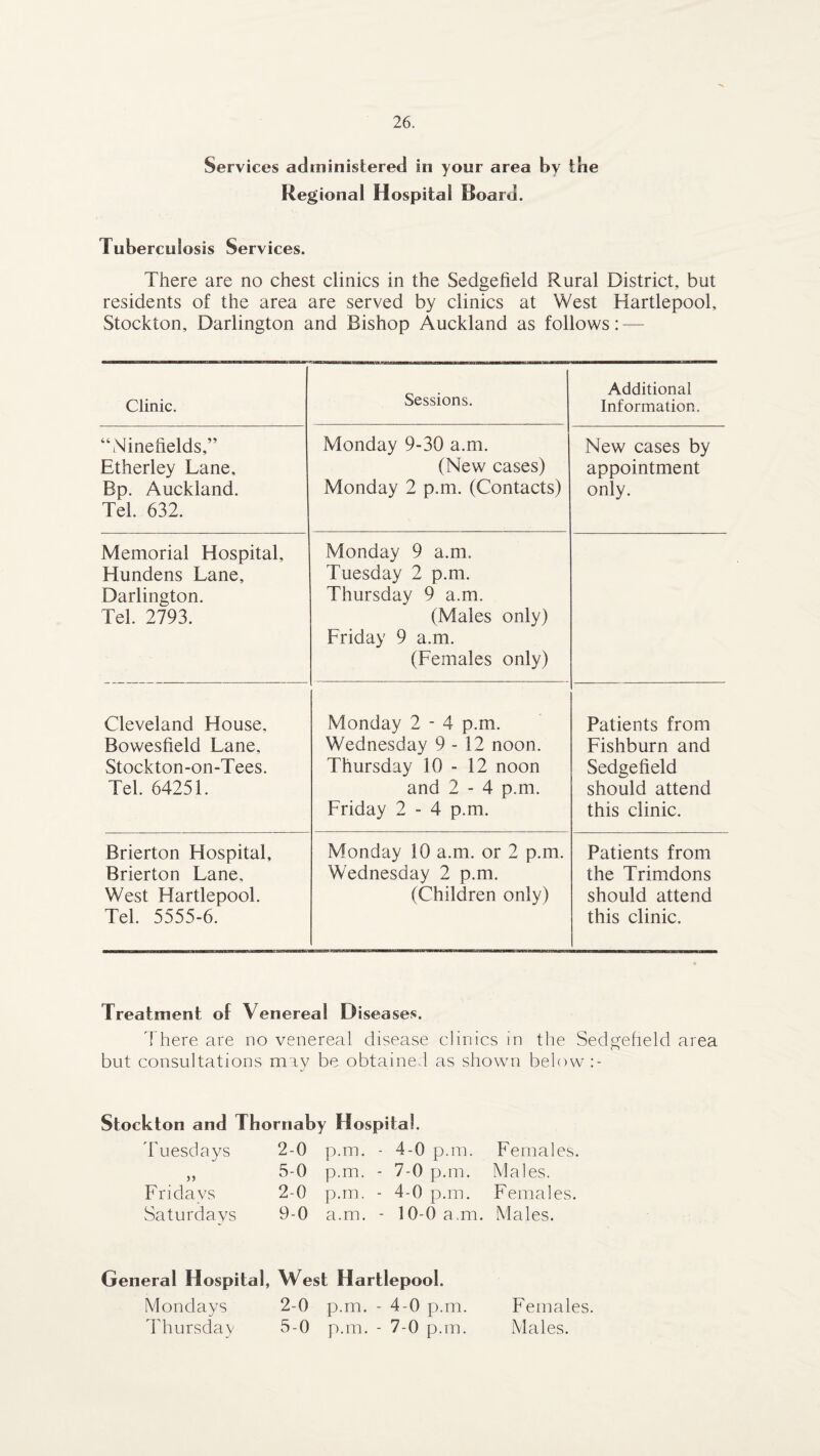 Services administered in your area by the Regional Hospital Board. Tuberculosis Services. There are no chest clinics in the Sedgefield Rural District, but residents of the area are served by clinics at West Hartlepool, Stockton, Darlington and Bishop Auckland as follows: — Clinic. Sessions. Additional Information. “Nine fields,” Etherley Lane, Bp. Auckland. Tel. 632. Monday 9-30 a.m. (New cases) Monday 2 p.m. (Contacts) New cases by appointment only. Memorial Hospital, Hundens Lane, Darlington. Tel. 2793. Monday 9 a.m. Tuesday 2 p.m. Thursday 9 a.m. (Males only) Friday 9 a.m. (Females only) Cleveland House. Bowesfield Lane. Stockton-on-Tees. Tel. 64251. Monday 2 - 4 p.m. Wednesday 9 - 12 noon. Thursday 10-12 noon and 2 - 4 p.m. Friday 2 - 4 p.m. Patients from Fishburn and Sedgefield should attend this clinic. Brierton Hospital, Brierton Lane. West Hartlepool. Tel. 5555-6. Monday 10 a.m. or 2 p.m. Wednesday 2 p.m. (Children only) Patients from the Trimdons should attend this clinic. Treatment of Venereal Diseases. There are no venereal disease clinics in the Sedgefield area but consultations may be obtained as shown below Stockton and Tbornaby Hospital. Tuesdays 2-0 p.m. - 4-0 p.m. Females. „ 5-0 p.m. - 7-0 p.m. Males. Fridays 2-0 p.m. - 4-0 p.m. Females. Saturdays 9-0 a.m. - 10-0 a,m. Males. General Hospital, West Hartlepool. Mondays 2-0 p.m. - 4-0 p.m. Females. Thursday 5-0 p.m. - 7-0 p.m. Males.