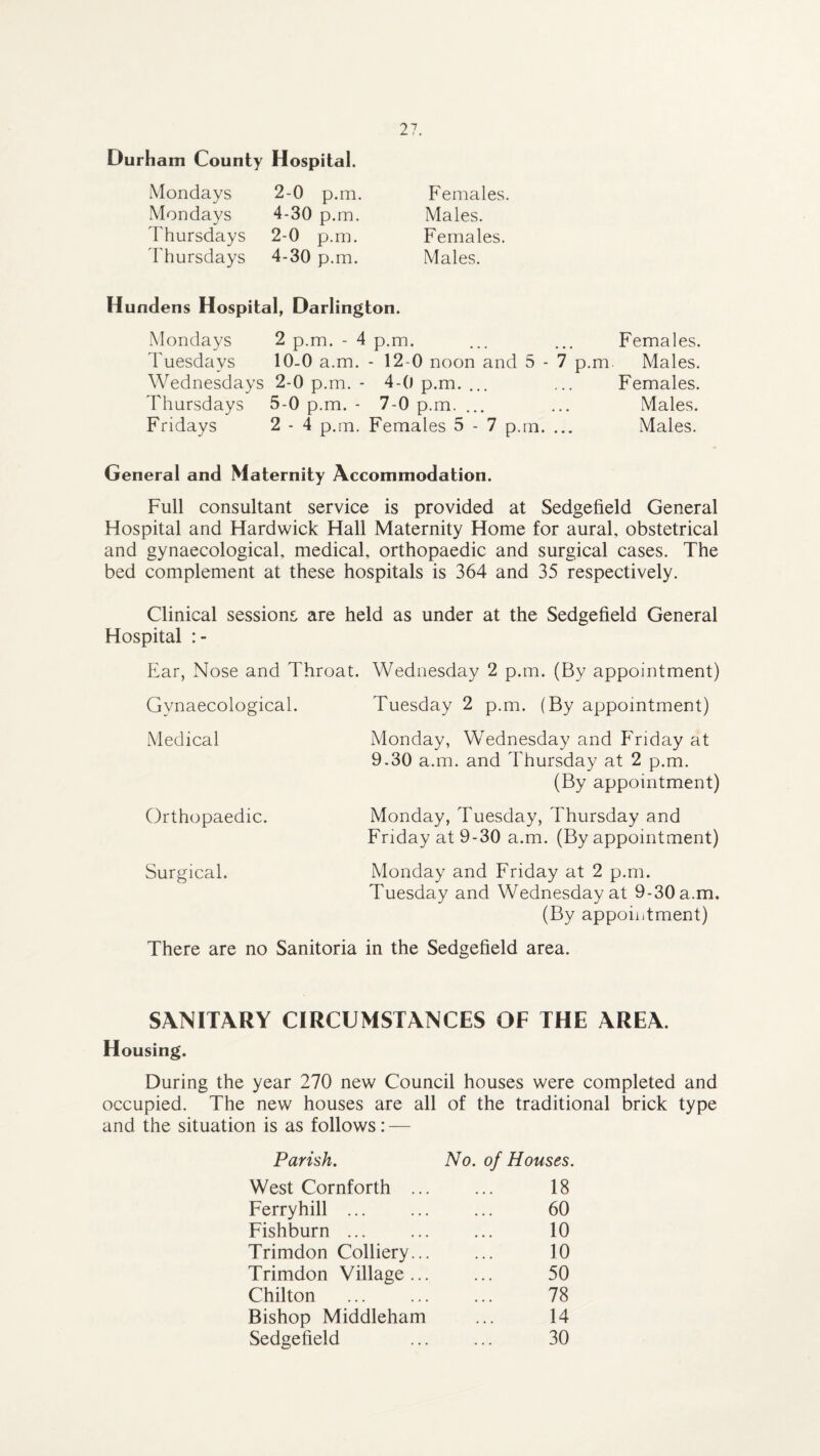 Durham County Hospital. Mondays Mondays Thursdays Thursdays 2-0 p.m. 4-30 p.m. 2-0 p.m. 4-30 p.m. Females. Males. Females. Males. Hundens Hospital, Darlington. Mondays 2 p.m. - 4 p.m. ... ... Females. 1'uesdavs 10-0 a.m. - 12-0 noon and 5 - 7 p.m. Males. Wednesdays 2-0 p.m. - 4-0 p.m. ... ... Females. Thursdays 5-0 p.m. - 7-0 p.m. ... ... Males. Fridays 2 - 4 p.m. Females 5 - 7 p.m. ... Males. General and Maternity Accommodation. Full consultant service is provided at Sedgefield General Hospital and Hardwick Hall Maternity Home for aural, obstetrical and gynaecological, medical, orthopaedic and surgical cases. The bed complement at these hospitals is 364 and 35 respectively. Clinical sessions are held as under at the Sedgefield General Hospital Ear, Nose and Throat. Wednesday 2 p.m. (By appointment) Gynaecological. Tuesday 2 p.m. (By appointment) Medical Orthopaedic. Monday, Wednesday and Friday at 9.30 a.m. and Thursday at 2 p.m. (By appointment) Monday, Tuesday, Thursday and Friday at 9-30 a.m. (By appointment) Surgical. Monday and Friday at 2 p.m. Tuesday and Wednesday at 9-30 a.m, (By appointment) There are no Sanitoria in the Sedgefield area. SANITARY CIRCUMSTANCES OF THE AREA. Housing. During the year 270 new Council houses were completed and occupied. The new houses are all of the traditional brick type and the situation is as follows: — Parish. West Cornforth .. Ferryhill. Fishburn ... Trimdon Colliery.. Trimdon Village.. Chilton Bishop Middleham Sedgefield No. of Houses. 18 60 10 10 50 78 14 30