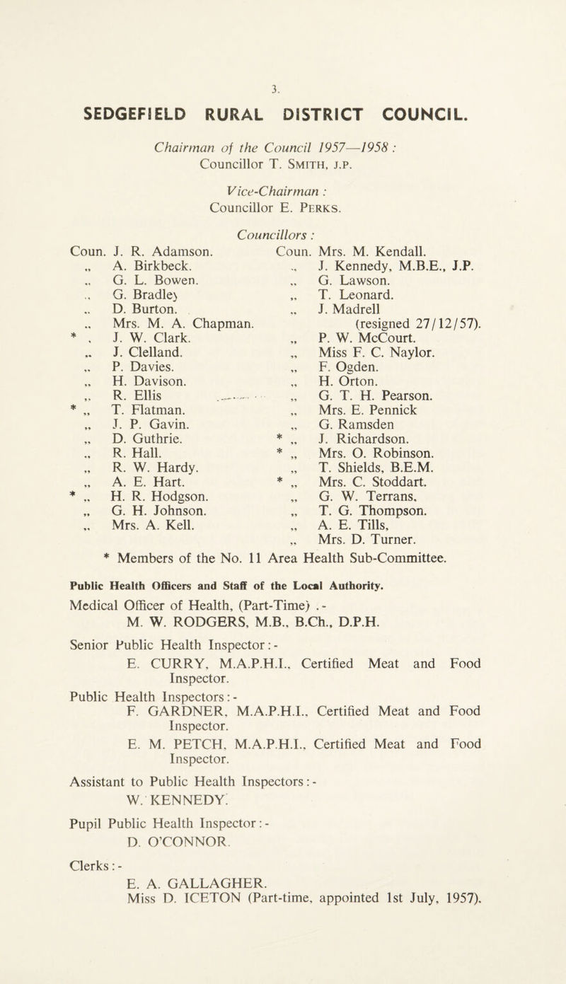 SEDGEF9ELD RURAL DISTRICT COUNCIL. Chairman of the Council 1957—1958 : Councillor T. Smith, j.p. Vice-Chairman : Councillor E. Perks. Councillors: Coun. Mrs. M. Kendall. J. Kennedy, J.P. Coun. J. R. Adamson. „ A. Birkbeck. G. L. Bowen. G. Bradle) D. Burton. Mrs. M. A. Chapman. * , J. W. Clark. J. Clelland. P. Davies. „ H. Davison. „ R. Ellis * „ T. Flatman. „ J. P. Gavin. „ D. Guthrie. „ R. Hall. „ R. W. Hardy. „ A. E. Hart. * „ H. R. Hodgson. „ G. H. Johnson. „ Mrs. A. Kell. G. Lawson. T. Leonard. J. Madrell (resigned 27/12/57). P. W. McCourt. Miss F. C. Naylor. F. Ogden. H. Orton. G. T. H. Pearson. Mrs. E. Pennick G. Ramsden J. Richardson. Mrs. O. Robinson. T. Shields, B.E.M. Mrs. C. Stoddart. G. W. Terrans. T. G. Thompson. A. E. Tills, Mrs. D. Turner. Members of the No. 11 Area Health Sub-Committee. Public Health Officers and Staff of the Local Authority. Medical Officer of Health, (Part-Time) . - M. W. RODGERS, M.B., B.Ch., D.P.H. Senior Public Health Inspector :- E. CURRY, M.A.P.H.X., Certified Meat and Food Inspector. Public Health Inspectors: - F. GARDNER, M.A.P.H.I., Certified Meat and Food Inspector. E. M. PETCH, M.A.P.H.I., Certified Meat and Food Inspector. Assistant to Public Health Inspectors: - w. Kennedy; Pupil Public Health Inspector : - D. O’CONNOR Clerks: - E. A. GALLAGHER. Miss D. ICETON (Part-time, appointed 1st July, 1957).