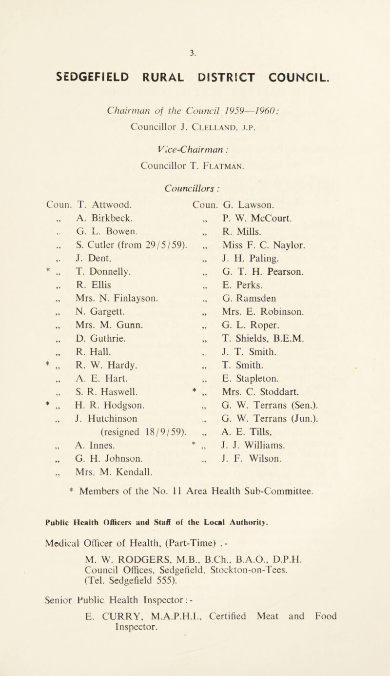 SEDGEFIELD RURAL DISTRICT COUNCIL. Chairman of the Council 1959—1960: Councillor J. Clelland, j.p. Vice-Chairman : Councillor T. Flatman. Councillors : Coun. T. Attwood. Coun. G. Lawson. A. Birkbeck. P. W. McCourt. G. L. Bowen. R. Mills. S. Cutler (from 29/5/59). Miss F. C. Naylor. J. Dent. J. H. Paling. T. Donnelly. G. T. H. Pearson. R. Ellis E. Perks. Mrs. N. Finlayson. G. Ramsden N. Gargett. Mrs. E. Robinson. Mrs. M. Gunn. G. L. Roper. D. Guthrie. T. Shields, B.E.M. R. Hall. J. T. Smith. R. W. Hardy. T. Smith. A. E. Hart. E. Stapleton. S. R. Haswell. * „ Mrs. C. Stoddart. H. R. Hodgson. G. W. Terrans (Sen.). J. Hutchinson G. W. Terrans (Jun.). (resigned 18/9/59). A. E. Tills, A. Innes. * „ J. J. Williams. G. H. Johnson. J. F. Wilson. Mrs. M. Kendall. * Members of the No. 11 Area Health Sub-Committee. Public Health Officers and Staff of the Locsl Authority. Medical Officer of Health, (Part-Time) . - M. W. RODGERS, M.B., B.Ch., B.A.O., D.P.H. Council Offices, Sedgefield, Stockton-on-Tees. (Tel. Sedgefield 555). Senior Public Health Inspector : - E. CURRY, M.A.P.H.I., Certified Meat and Food Inspector.