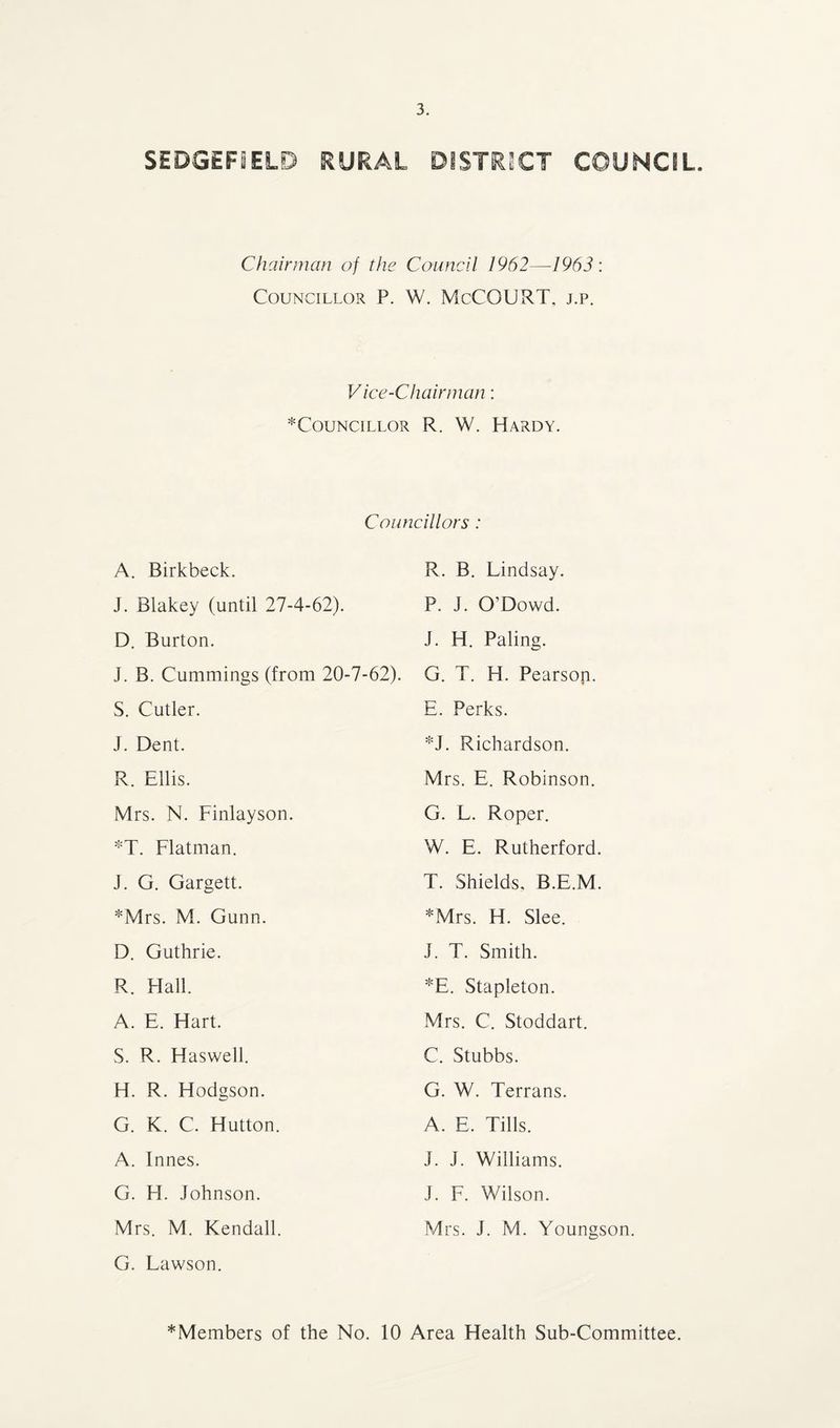 SEDGERELD RURAL DISTRICT COUNCIL. Chairman of the Council 1962—1963: Councillor P. W. McCOURT, j.p. Vice-Chairman: Councillor R. W. Hardy. Councillors : A. Birkbeck. R. B. Lindsay. J. Blakey (until 27-4-62). P. J. O’Dowd. D. Burton. J. H. Paling. J. B. Cummings (from 20-7-62). G. T. H. Pearson. S. Cutler. J. Dent. R. Ellis. Mrs. N. Finlayson. *T. Flatman. J. G. Gargett. *Mrs. M. Gunn. D. Guthrie. R. Hall. A. E. Hart. S. R. Haswell. H. R. Hodgson. G. K. C. Hutton. A. Innes. G. H. Johnson. M rs. M. Kendall. G. Lawson. E. Perks. *J. Richardson. Mrs. E. Robinson. G. L. Roper. W. E. Rutherford. T. Shields, B.E.M. *Mrs. H. Slee. J. T. Smith. *E. Stapleton. Mrs. C. Stoddart. C. Stubbs. G. W. Terrans. A. E. Tills. J. J. Williams. J. F. Wilson. Mrs. J. M. Youngson. *Members of the No. 10 Area Health Sub-Committee.