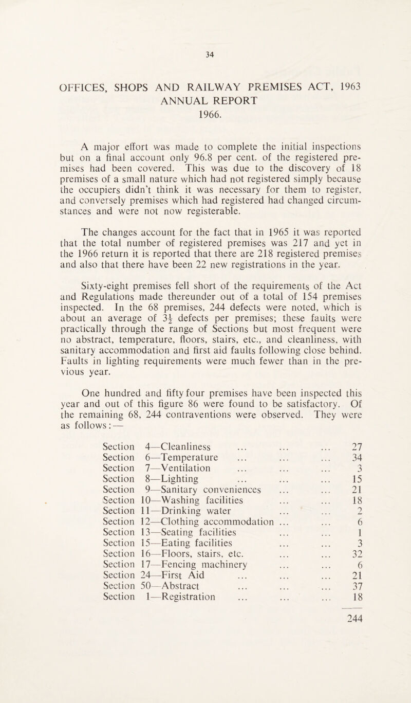 OFFICES, SHOPS AND RAILWAY PREMISES ACT, 1963 ANNUAL REPORT 1966. A major effort was made to complete the initial inspections but on a final account only 96.8 per cent, of the registered pre¬ mises had been covered. This was due to the discovery of 18 premises of a small nature which had not registered simply because the occupiers didn’t think it was necessary for them to register, and conversely premises which had registered had changed circum¬ stances and were not now registerable. The changes account for the fact that in 1965 it was reported that the total number of registered premises was 217 and yet in the 1966 return it is reported that there are 218 registered premises and also that there have been 22 new registrations in the year. Sixty-eight premises fell short of the requirements of the Act and Regulations made thereunder out of a total of 154 premises inspected. In the 68 premises, 244 defects were noted, which is about an average of 3^ defects per premises; these faults were practically through the range of Sections but most frequent were no abstract, temperature, floors, stairs, etc., and cleanliness, with sanitary accommodation and first aid faults following close behind. Faults in lighting requirements were much fewer than in the pre¬ vious year. One hundred and fifty four premises have been inspected this year and out of this figure 86 were found to be satisfactory. Of the remaining 68, 244 contraventions were observed. They were as follows: — Section 4—Cleanliness ... ... ... 27 Section 6—Temperature ... ... ... 34 Section 7—Ventilation ... ... ... 3 Section 8—Lighting ... ... ... 15 Section 9—Sanitary conveniences ... ... 21 Section 10—Washing facilities ... ... 18 Section 11—Drinking water ... ... 2 Section 12—Clothing accommodation ... ... 6 Section 13—Seating facilities ... ... 1 Section 15—Eating facilities ... ... 3 Section 16—Floors, stairs, etc. ... ... 32 Section 17—Fencing machinery ... ... 6 Section 24—First Aid ... ... ... 21 Section 50—Abstract ... ... ... 37 Section 1—Registration ... ... ... 18 244
