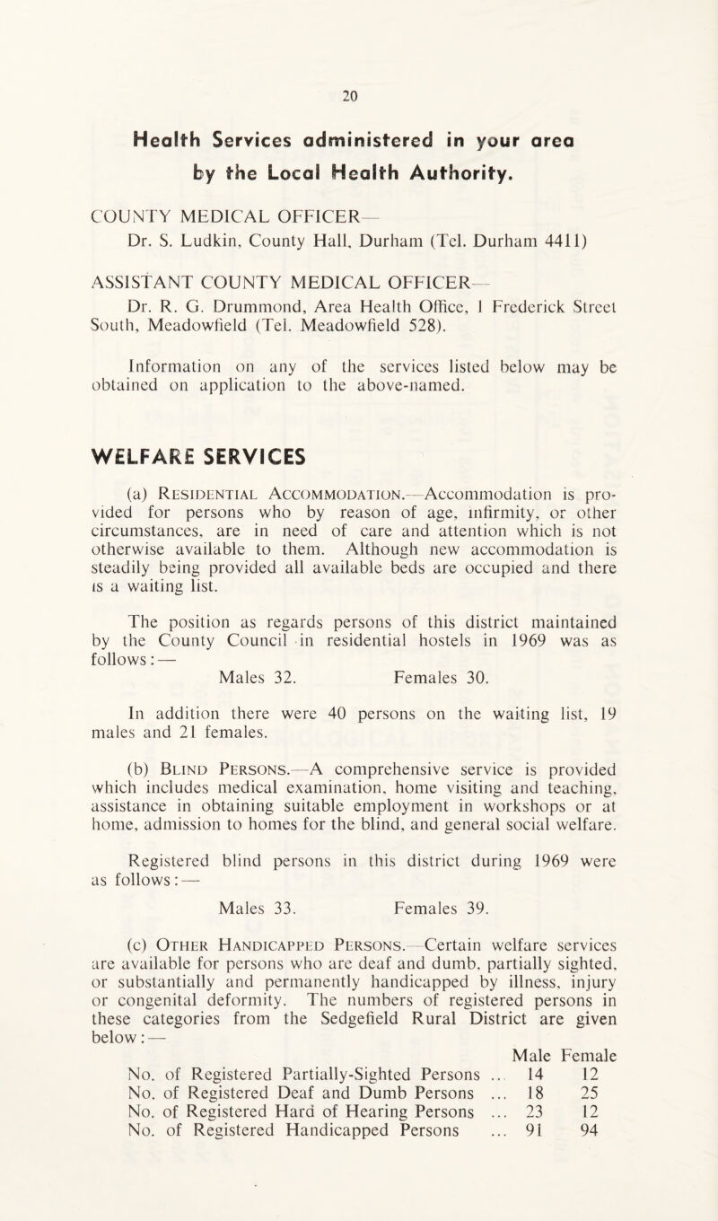 Health Services administered in your area by the Local Health Authority. COUNTY MEDICAL OFFICER Dr. S. Ludkin, County Hall, Durham (Tel. Durham 4411) ASSISTANT COUNTY MEDICAL OFFICER— Dr. R. G. Drummond, Area Health Office, 1 Frederick Street South, Meadowfield (Tel. Meadowfield 528). Information on any of the services listed below may be obtained on application to the above-named. WELFARE SERVICES (a) Residential Accommodation.—Accommodation is pro¬ vided for persons who by reason of age, infirmity, or other circumstances, are in need of care and attention which is not otherwise available to them. Although new accommodation is steadily being provided all available beds are occupied and there is a waiting list. The position as regards persons of this district maintained by the County Council in residential hostels in 1969 was as follows: — Males 32. Females 30. In addition there were 40 persons on the waiting list, 19 males and 21 females. (b) Blind Persons.—A comprehensive service is provided which includes medical examination, home visiting and teaching, assistance in obtaining suitable employment in workshops or at home, admission to homes for the blind, and general social welfare. Registered blind persons in this district during 1969 were as follows : — Males 33. Females 39. (c) Other Handicapped Persons.—Certain welfare services are available for persons who are deaf and dumb, partially sighted, or substantially and permanently handicapped by illness, injury or congenital deformity. The numbers of registered persons in these categories from the Sedgefield Rural District are given below: — Male Female No. of Registered Partially-Sighted Persons ... 14 12 No. of Registered Deaf and Dumb Persons ... 18 25 No. of Registered Hard of Hearing Persons ... 23 12 No. of Registered Handicapped Persons ... 91 94