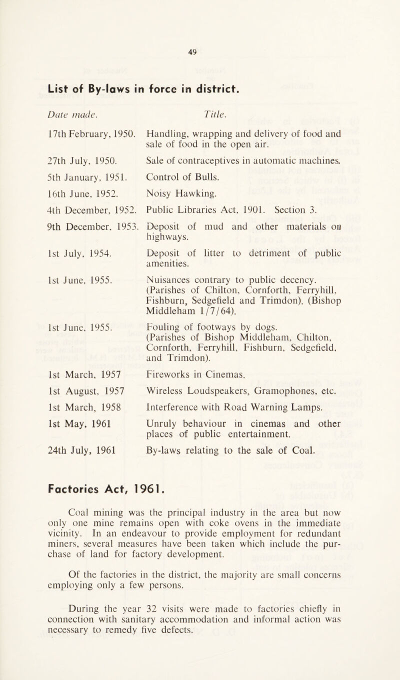 List of By-laws in force in district. Date made. Title. 17th February, 1950. 27th July, 1950. 5th January. 1951. 16th June, 1952. 4th December, 1952. Handling, wrapping and delivery of food and sale of food in the open air. Sale of contraceptives in automatic machines. Control of Bulls. Noisy Hawking. Public Libraries Act, 1901. Section 3. 9th December, 1953. Deposit of mud and other materials on highways. 1st July, 1954. Deposit of litter to detriment of public amenities. 1st June. 1955. 1st June. 1955. 1st March, 1957 Nuisances contrary to public decency. (Parishes of Chilton, Cornforth, Ferryhiil, Fishburn, Sedgefield and Trimdon). (Bishop Middleham 1/7/64). Fouling of footways by dogs. (Parishes of Bishop Middleham. Chilton, Cornforth, Ferryhiil, Fishburn, Sedgefield, and Trimdon). Fireworks in Cinemas. 1st August, 1957 1st March, 1958 1st May, 1961 24th July, 1961 Wireless Loudspeakers, Gramophones, etc. Interference with Road Warning Lamps. Unruly behaviour in cinemas and other places of public entertainment. By-laws relating to the sale of Coal. Factories Act, 1961. Coal mining was the principal industry in the area but now only one mine remains open with coke ovens in the immediate vicinity. In an endeavour to provide employment for redundant miners, several measures have been taken which include the pur¬ chase of land for factory development. Of the factories in the district, the majority are small concerns employing only a few persons. During the year 32 visits were made to factories chiefly in connection with sanitary accommodation and informal action was necessary to remedy five defects.