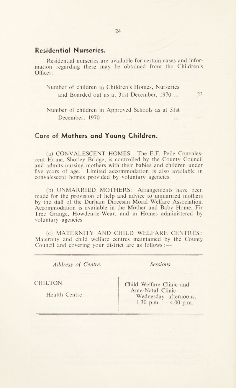 Residential Nurseries, Residential nurseries are available for certain cases and infor¬ mation regarding these may be obtained from the Children's Officer. Number of children in Children's Homes, Nurseries and Boarded out as at 31st December, 1970 ... 23 Number of children in Approved Schools as at 31st December, 1970 Core of Mothers and Young Children. (a) CONVALESCENT HOMES. The E.F. Peile Convales¬ cent Heme, Shotley Bridge, is controlled by the County Council and admits nursing mothers with their babies and children under five years of age. Limited accommodation is also available in convalescent homes provided by voluntary agencies. (b) UNMARRIED MOTHERS: Arrangements have been made for the provision of help and advice to unmarried mothers by the staff of the Durham Diocesan Moral Welfare Association. Accommodation is available in the Mother and Baby Home, Fir Tree Grange, Howden-le-Wear, and in Homes administered by voluntary agencies. (c) MATERNITY AND CHILD WELFARE CENTRES: Maternity and child welfare centres maintained by the County Council and covering your district are as follows: — Address of Centre. Sessions. CHILTON. Health Centre. Child Welfare Clinic and Ante-Natal Clinic— Wednesday afternoons, 1.30 p.m. — 4.00 p.m.